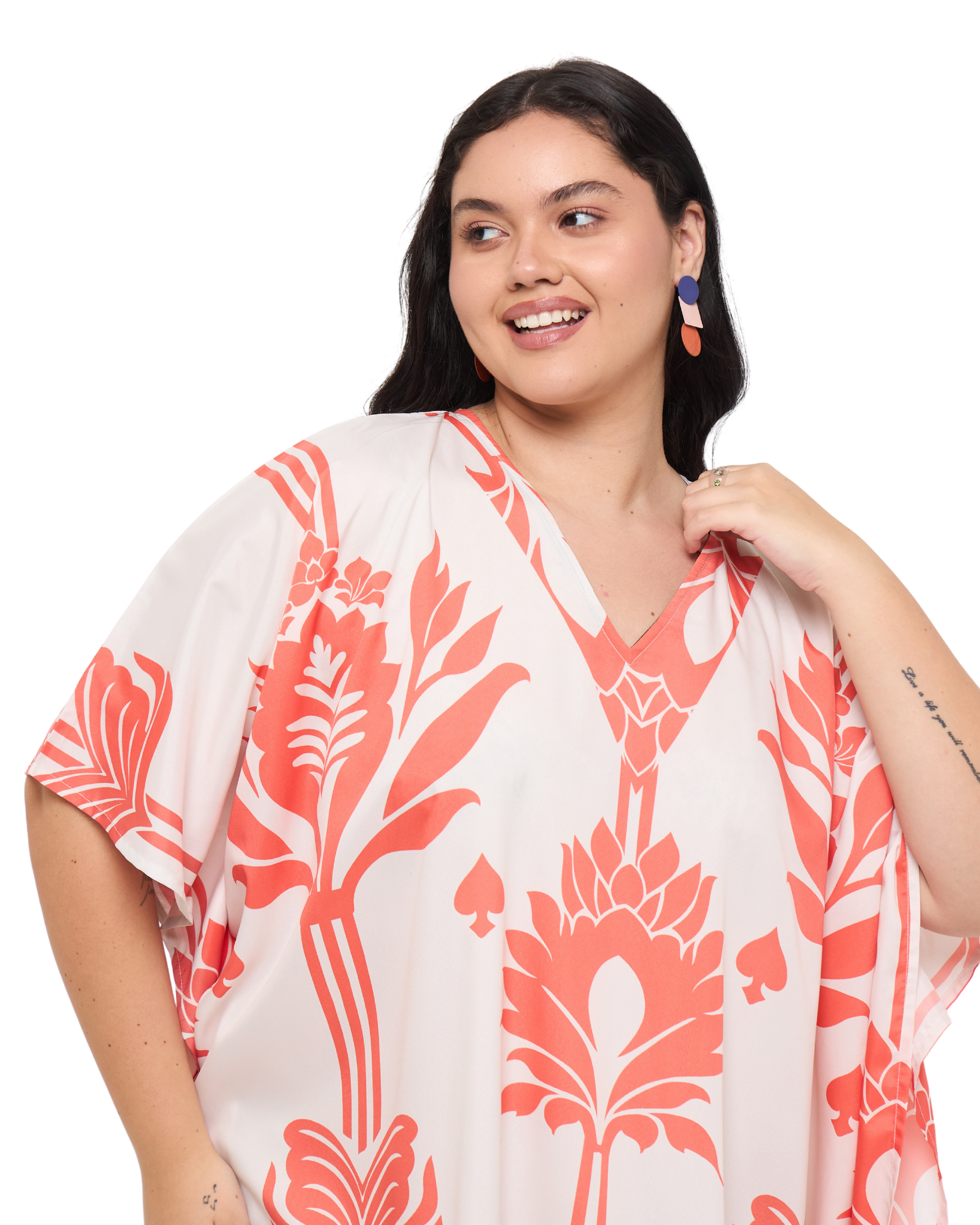 Floral White Polyester Women Plus Size Holiday Kaftan Dress