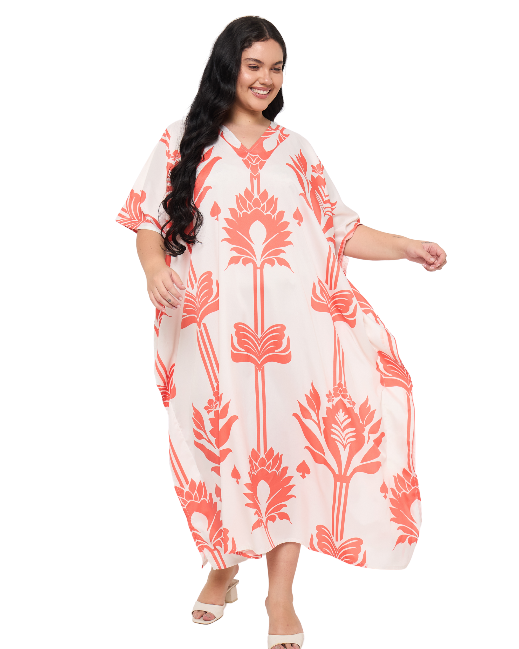 Floral White Polyester Women Plus Size Holiday Kaftan Dress
