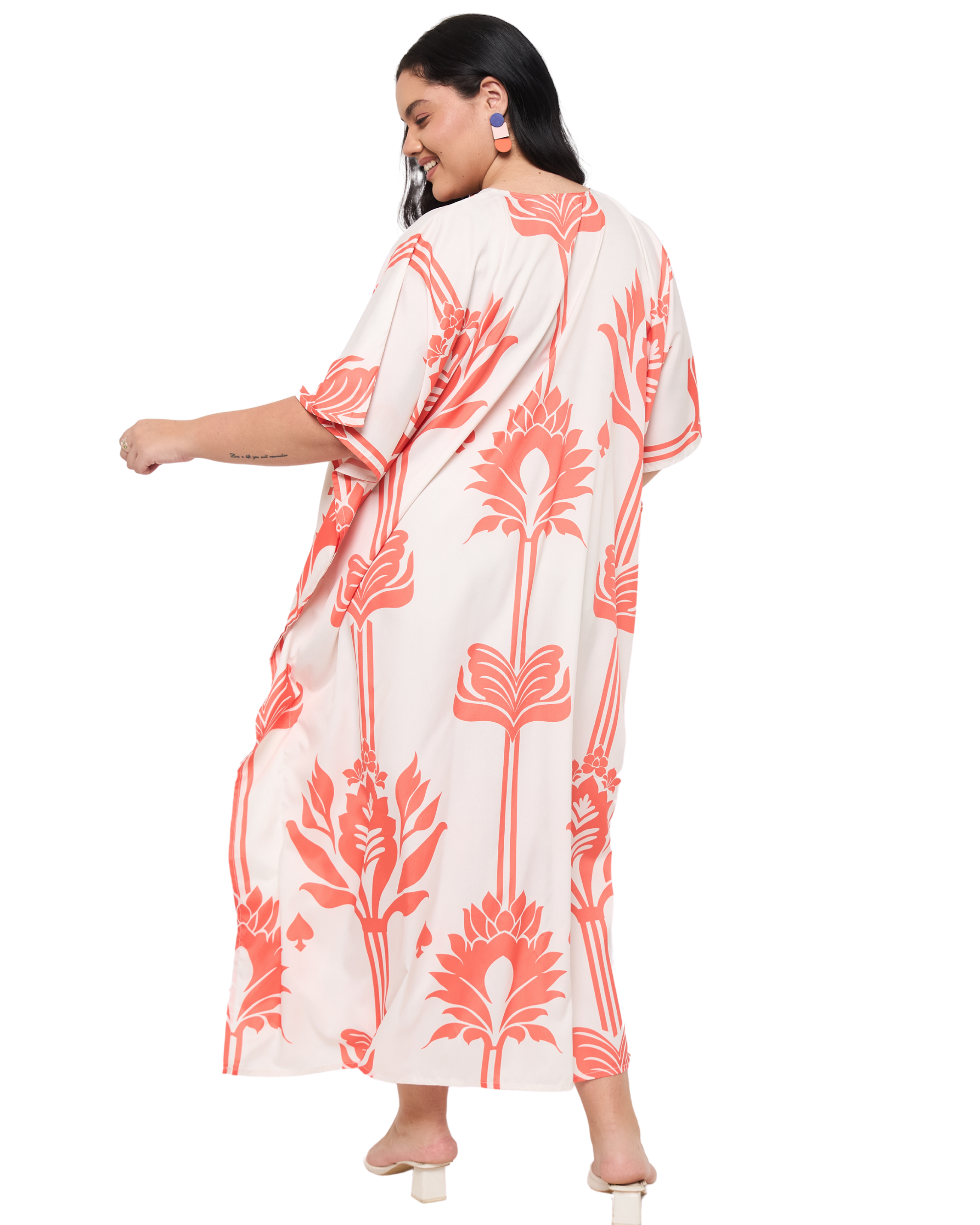 Floral White Polyester Women Plus Size Holiday Kaftan Dress