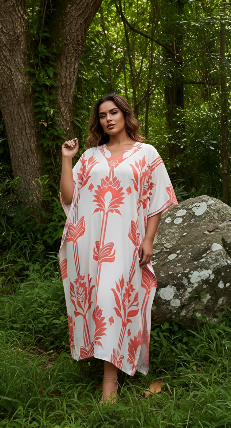 Floral White Polyester Women Plus Size Holiday Kaftan Dress