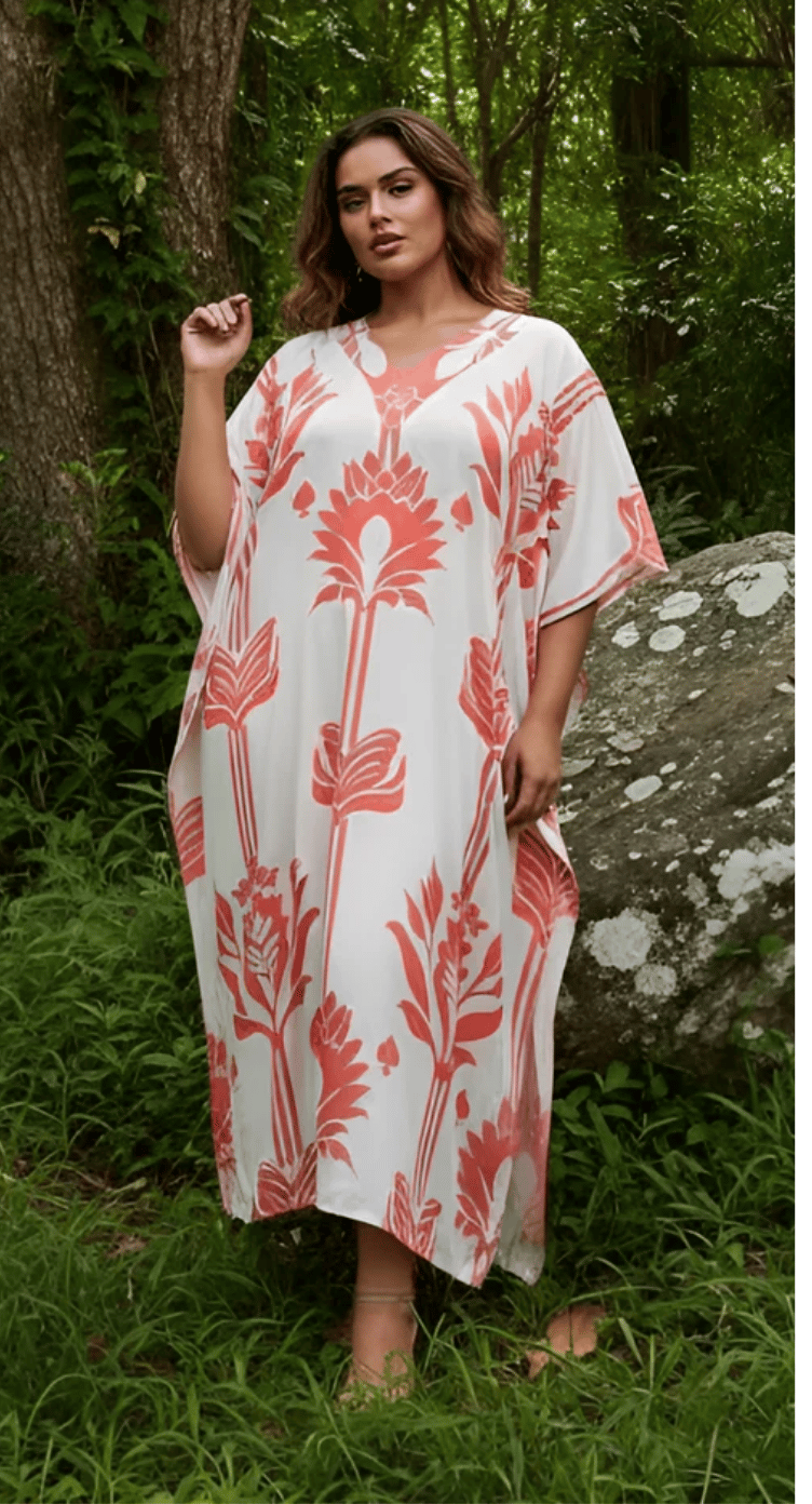 Off White Bold Botanical Polyester Plus Size Kaftan for Women 1X-3X | GypsieBlu
