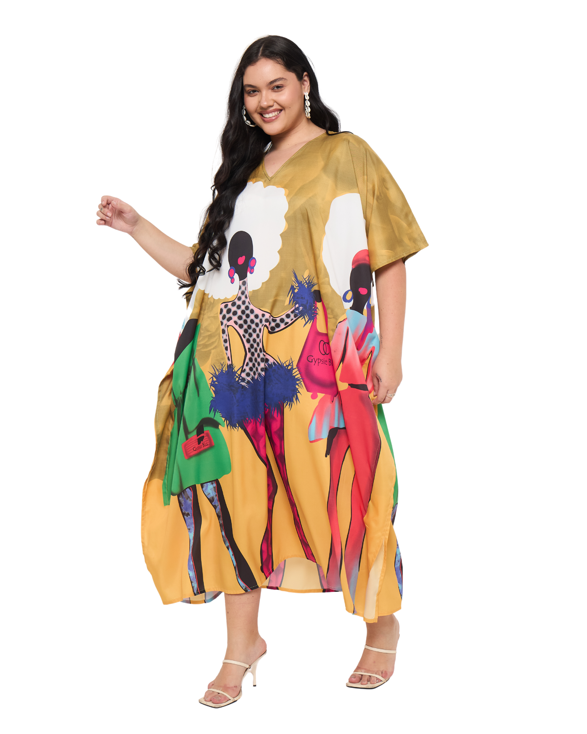 Lady Print Mustard Polyester Women Plus Size Kaftan Dress