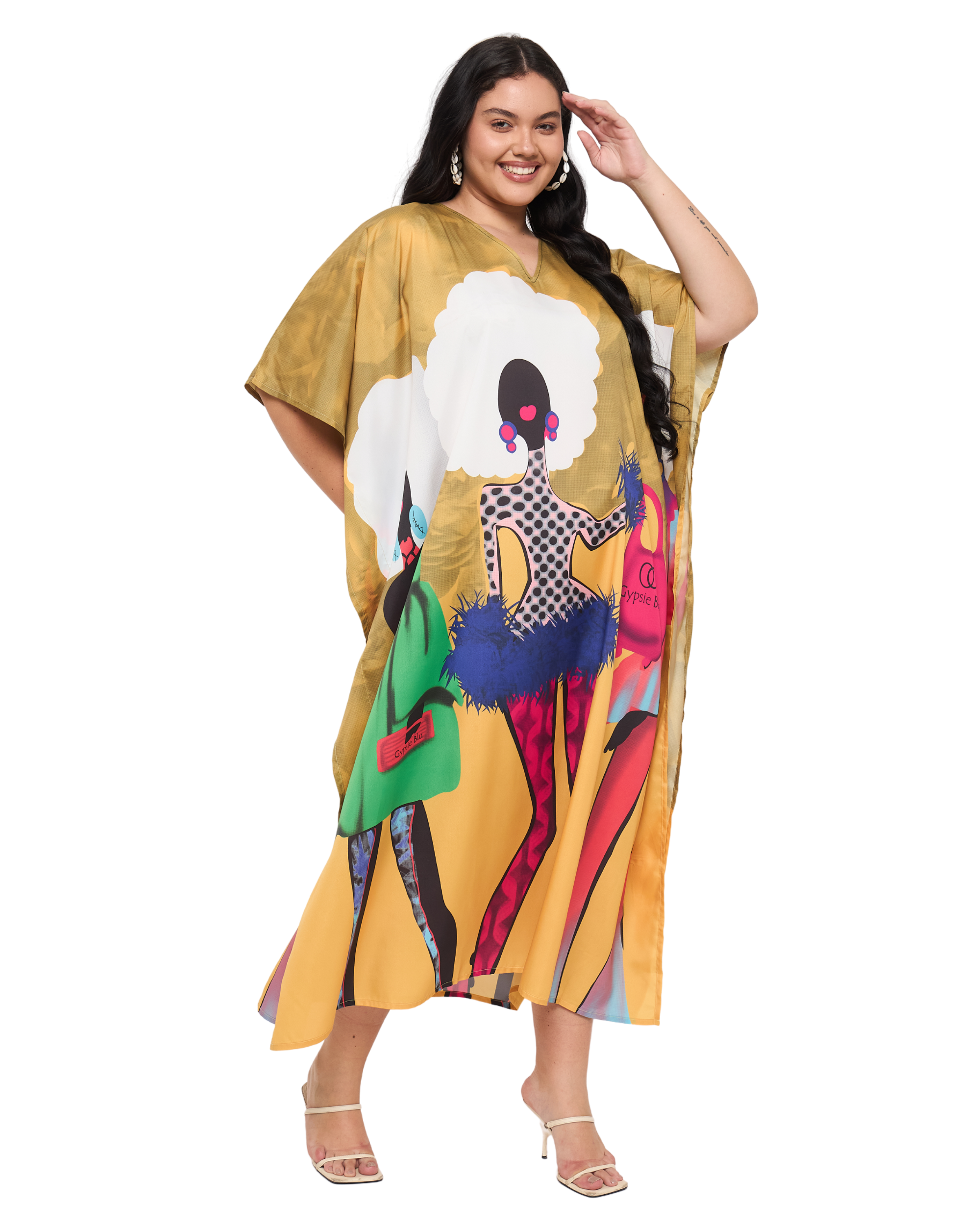 Lady Print Mustard Polyester Women Plus Size Kaftan Dress