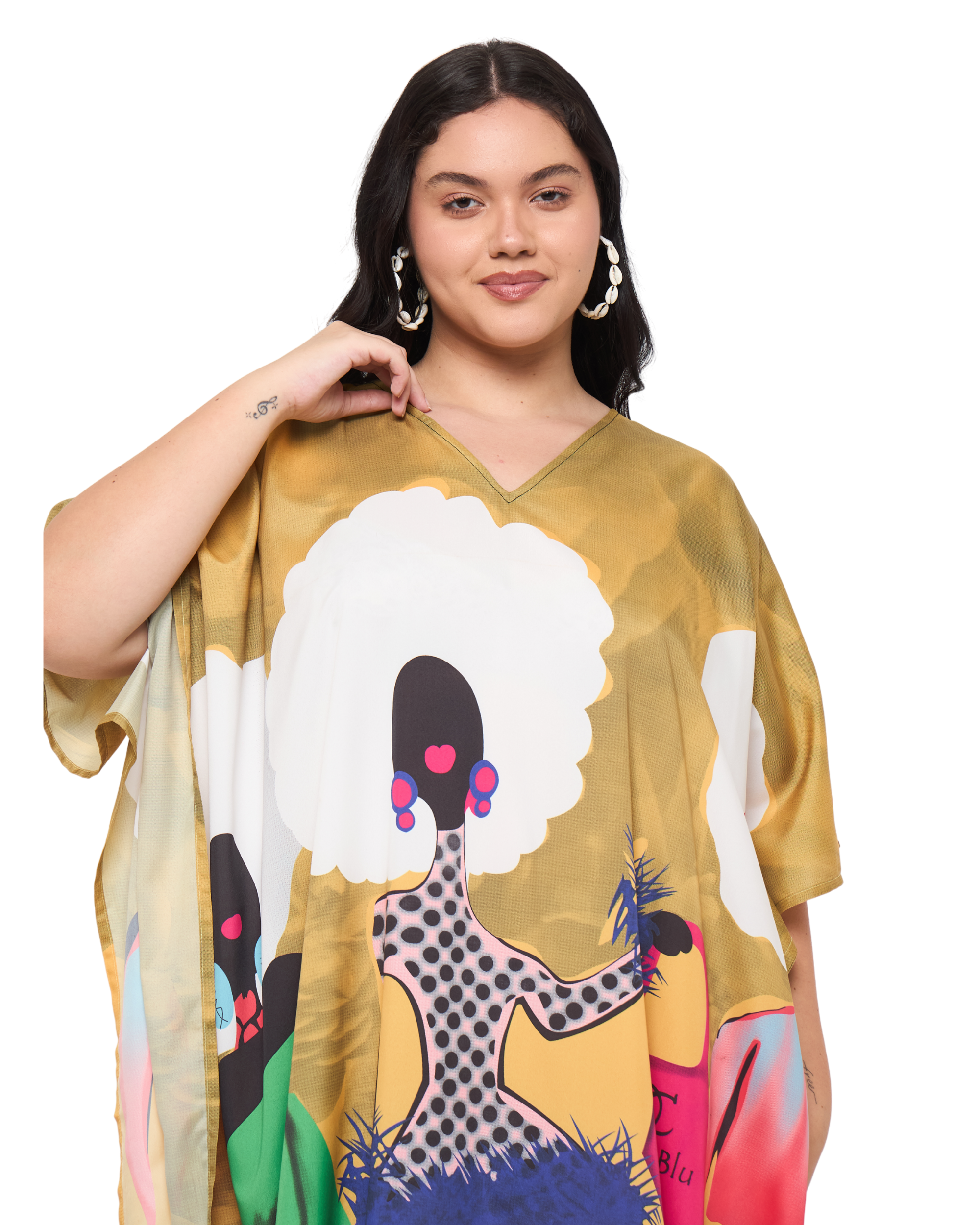 Lady Print Mustard Polyester Women Plus Size Kaftan Dress