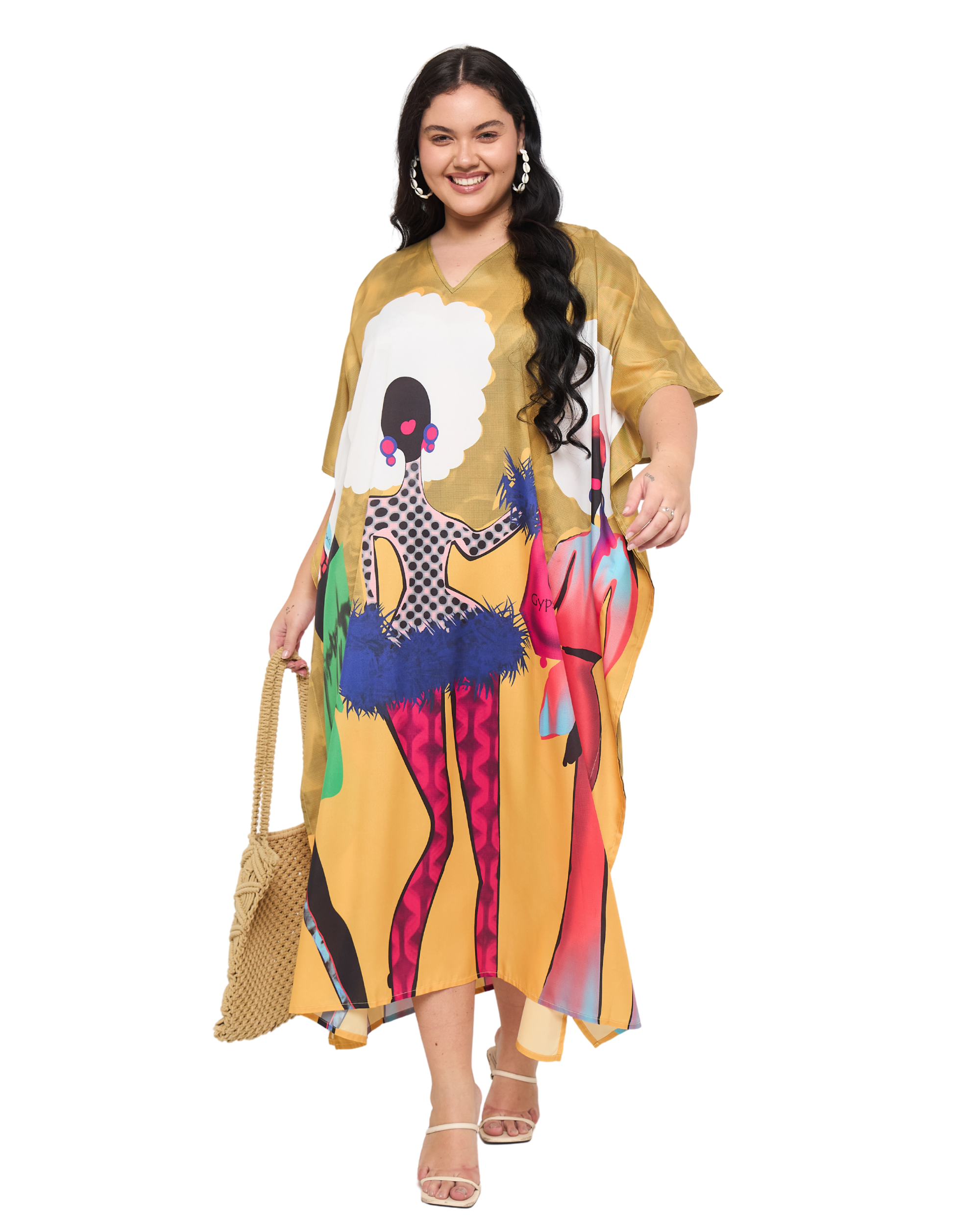 Lady Print Mustard Polyester Women Plus Size Kaftan Dress