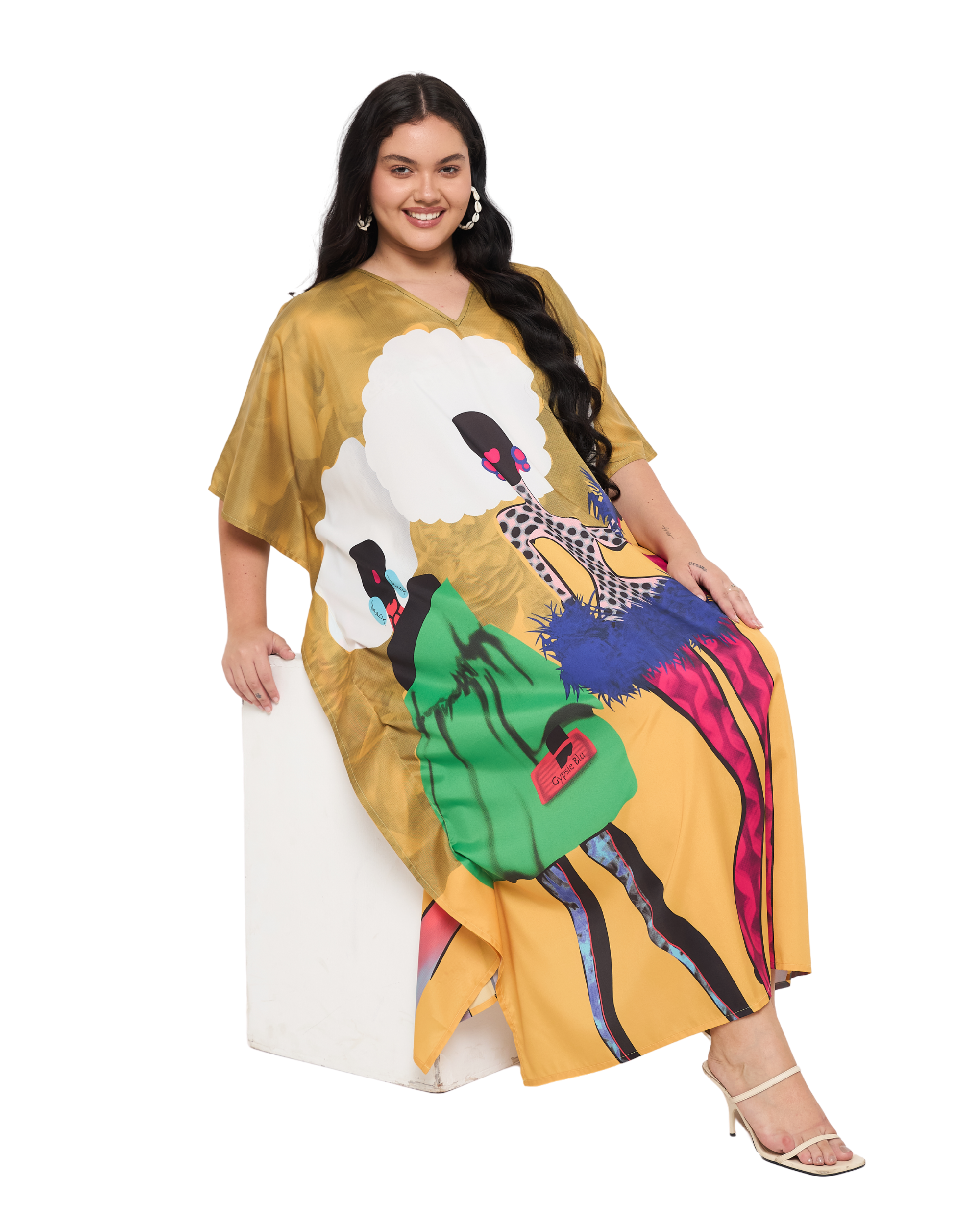 Lady Print Mustard Polyester Women Plus Size Kaftan Dress