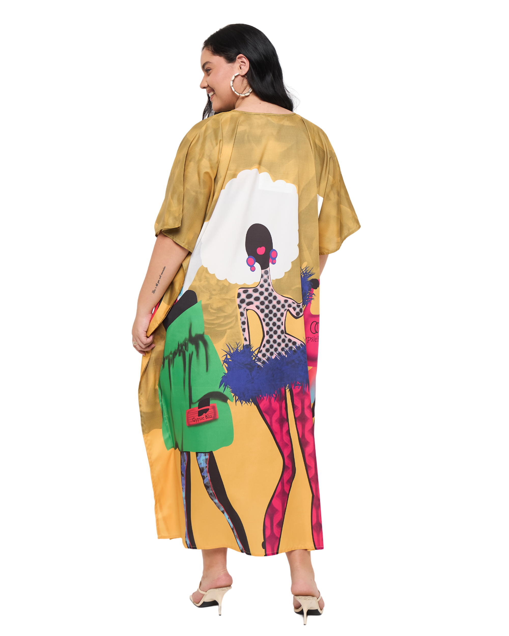 Lady Print Mustard Polyester Women Plus Size Kaftan Dress