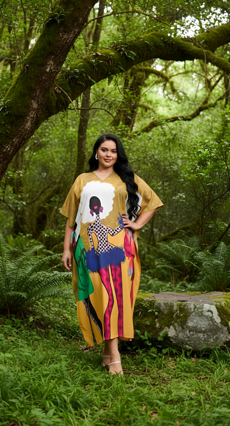 Lady Print Mustard Polyester Women Plus Size Kaftan Dress