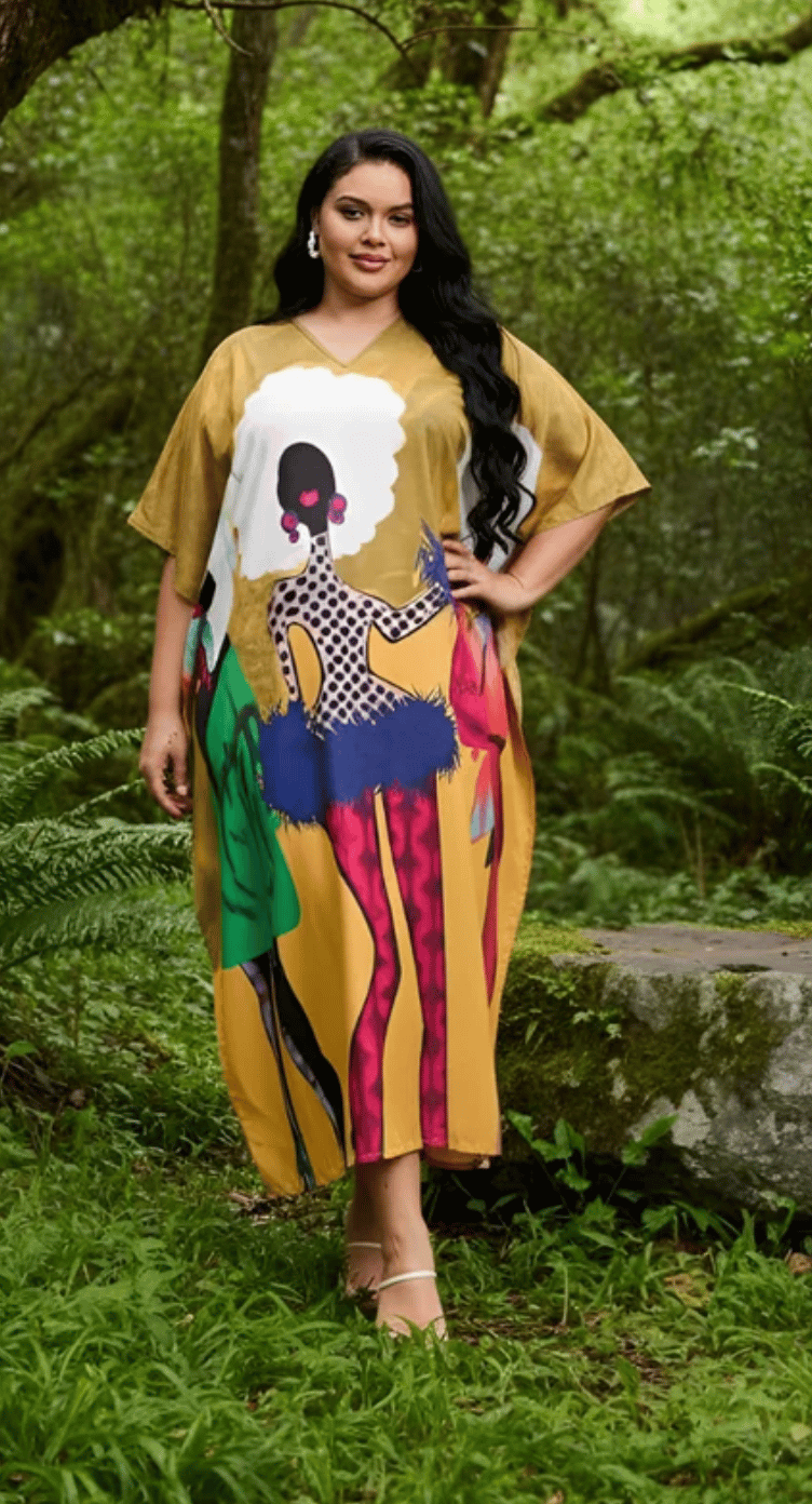 Mustard Pop Art Polyester Plus Size Kaftan for Women 1X-3X | GypsieBlu