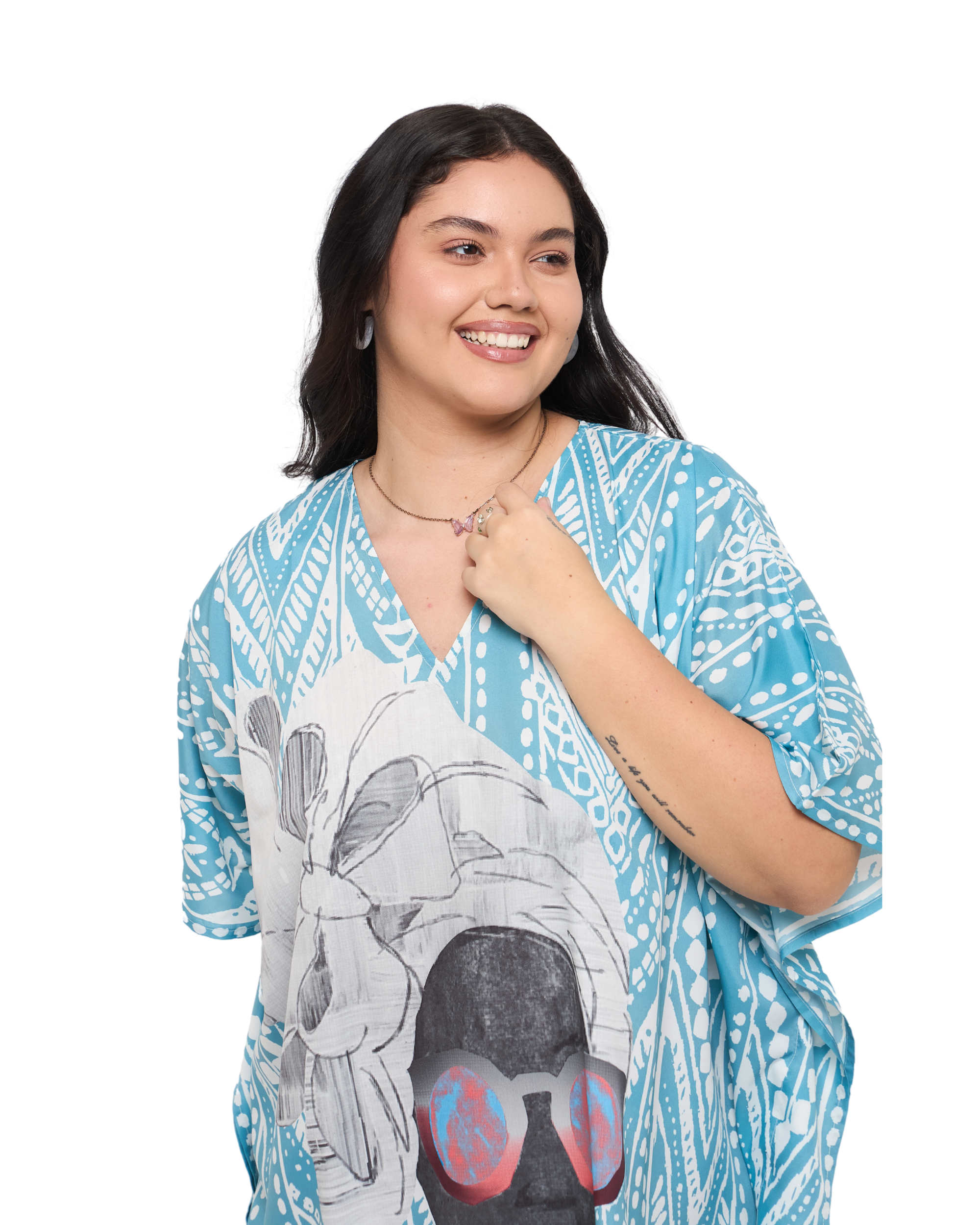 Lady Print Aqua Blue Polyester Women Plus Size Kaftan Dress