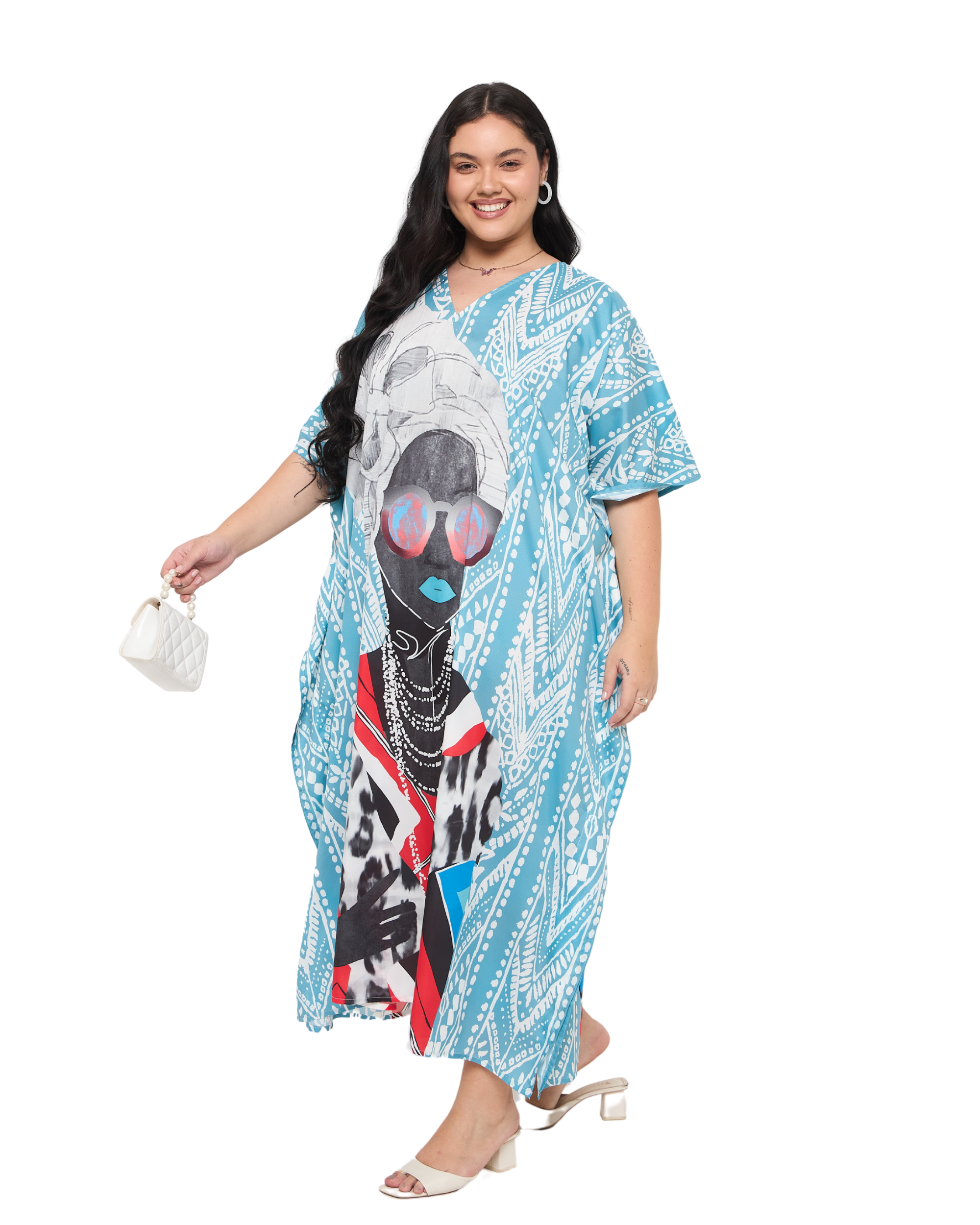 Lady Print Aqua Blue Polyester Women Plus Size Kaftan Dress
