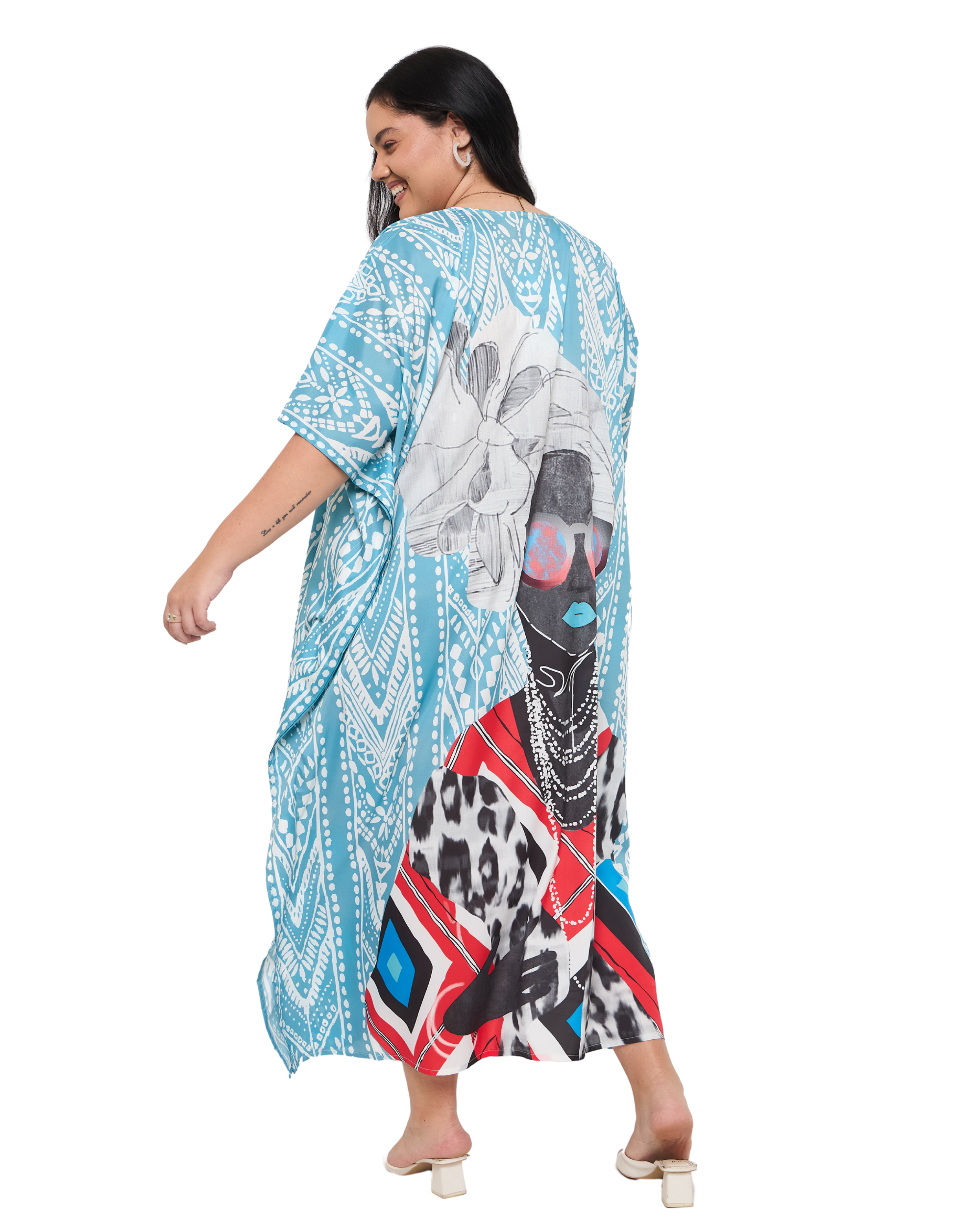 Lady Print Aqua Blue Polyester Women Plus Size Kaftan Dress