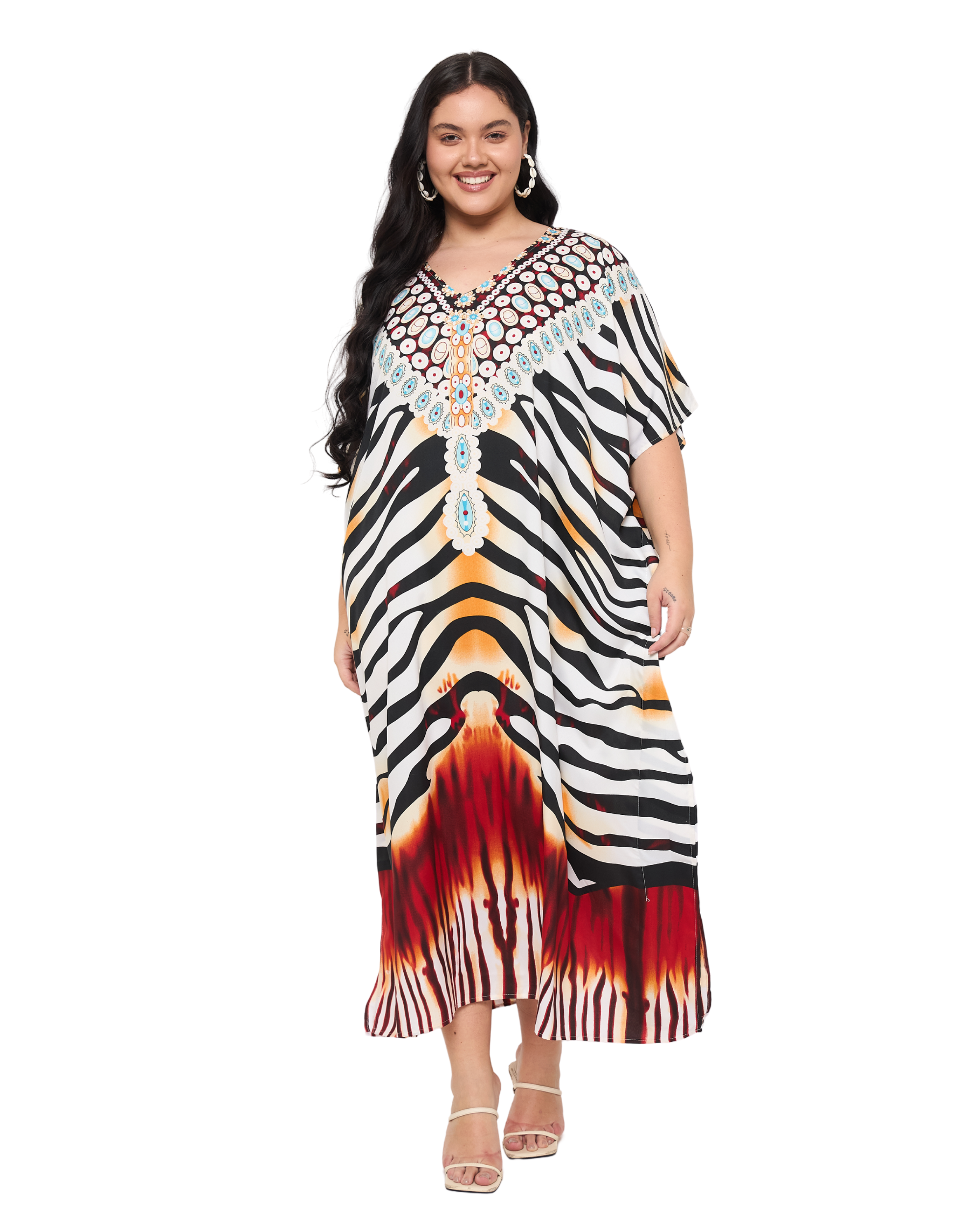 White Polyester Animal Print Plus Size Kaftan