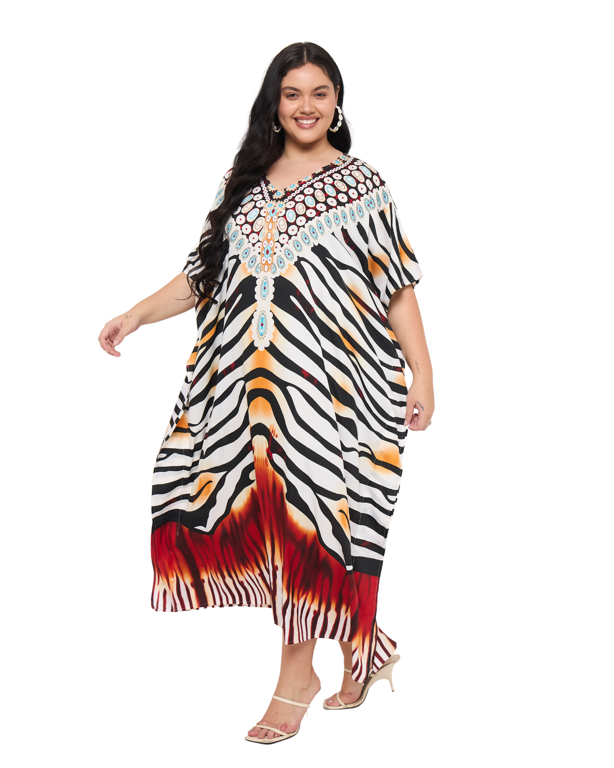 White Polyester Animal Print Women Plus Size Kaftan