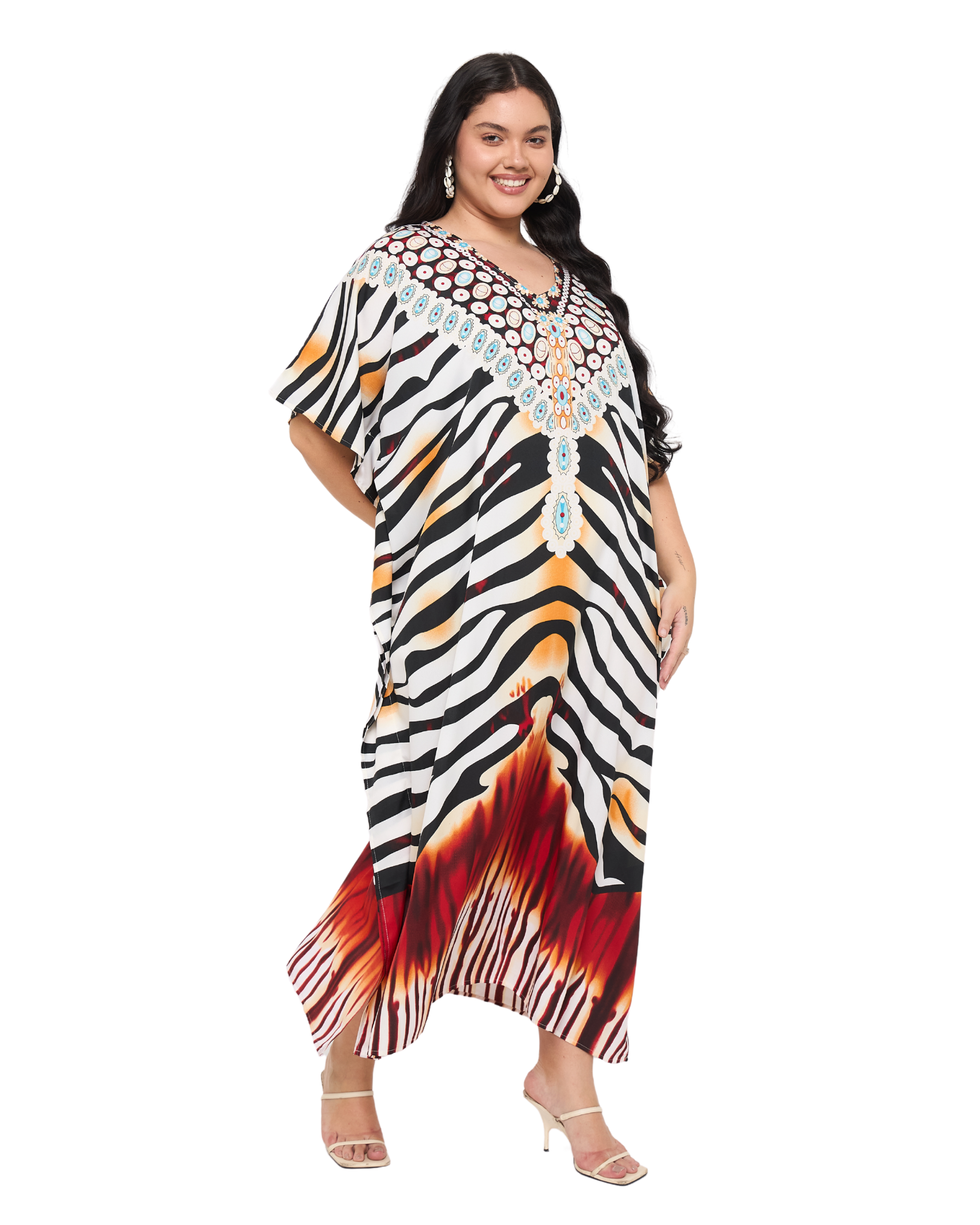 White Polyester Animal Print Women Plus Size Kaftan