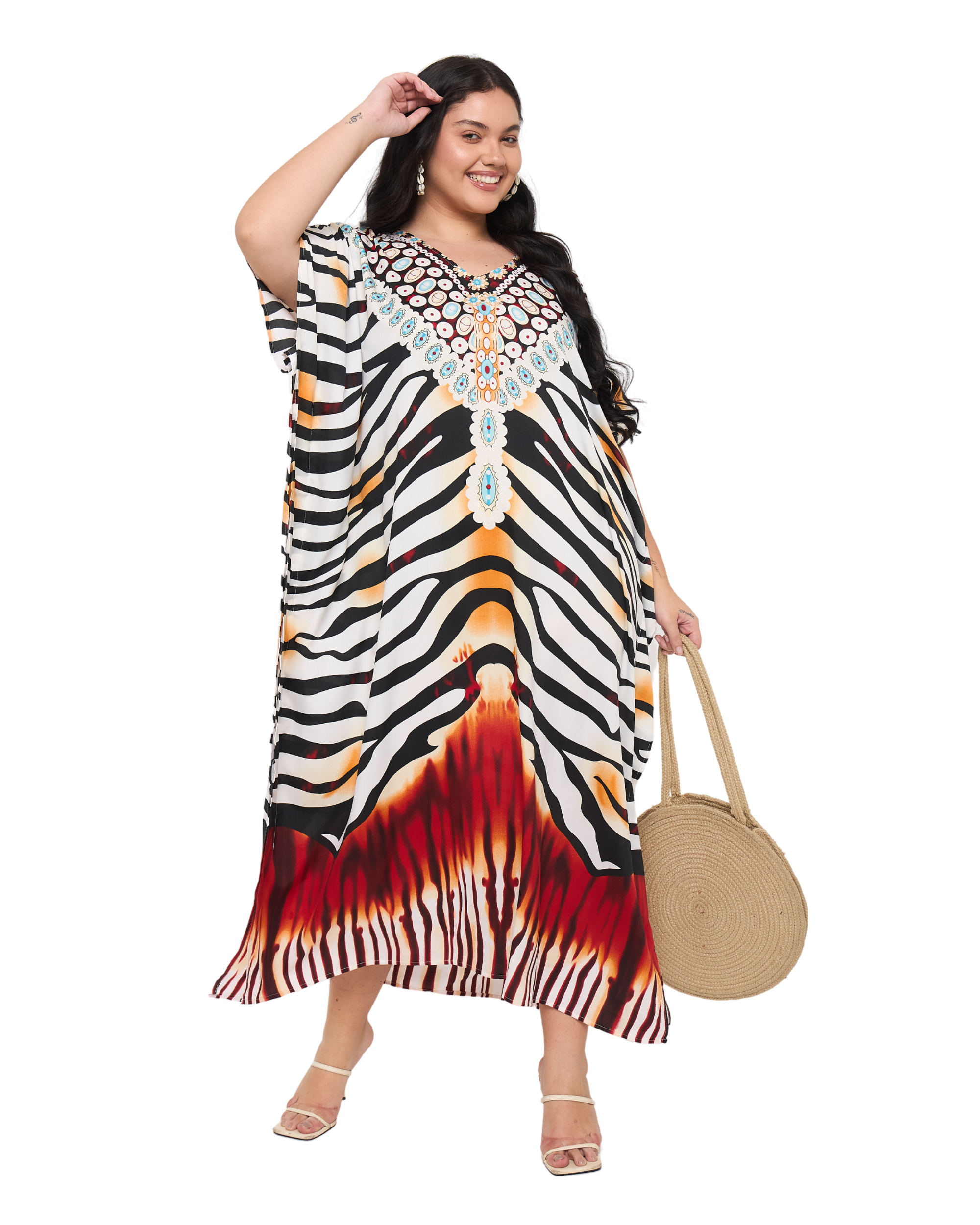 White Polyester Animal Print Plus Size Kaftan