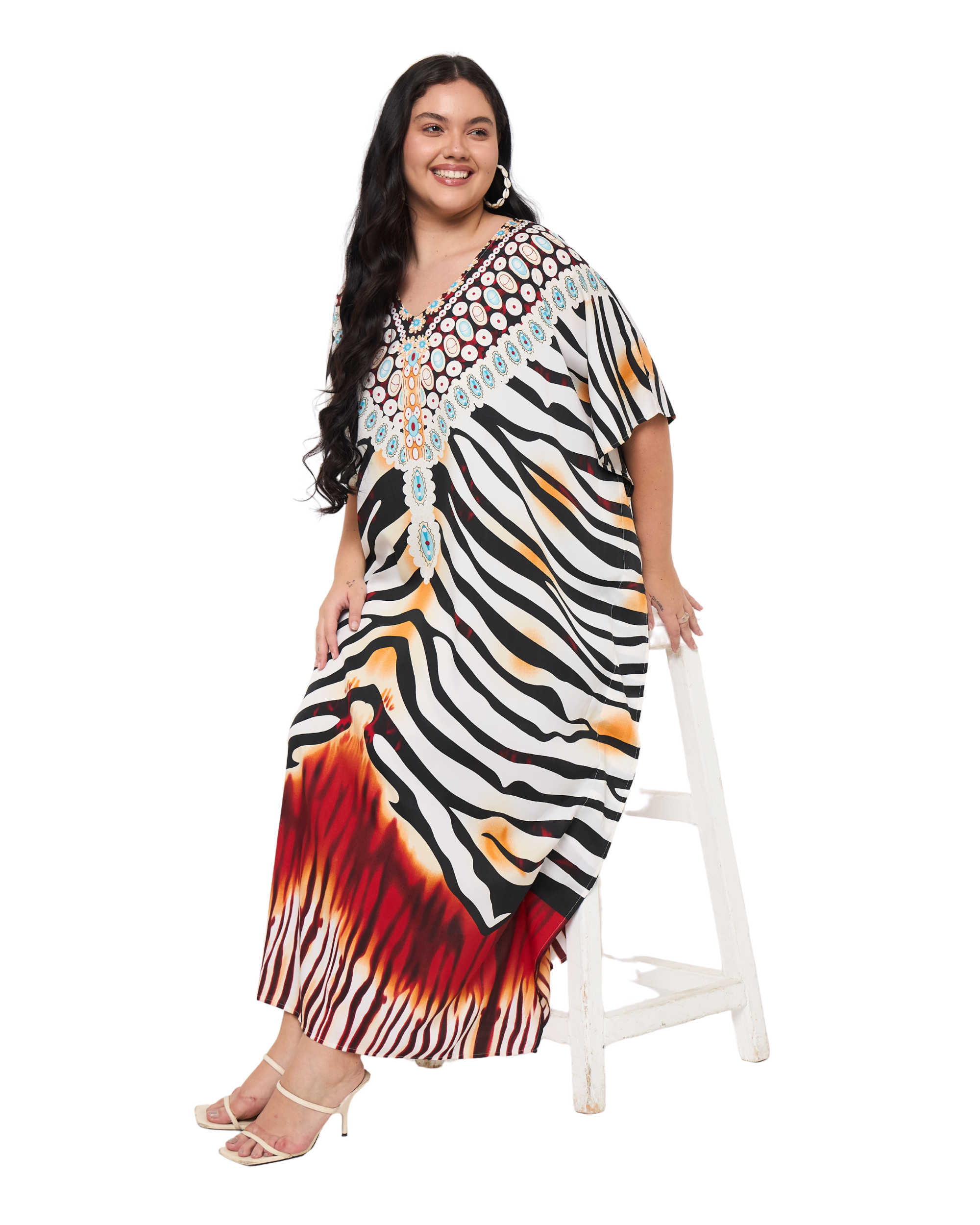 White Polyester Animal Print Plus Size Kaftan