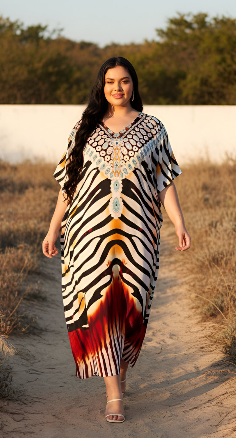 White Polyester Animal Print Women Plus Size Kaftan