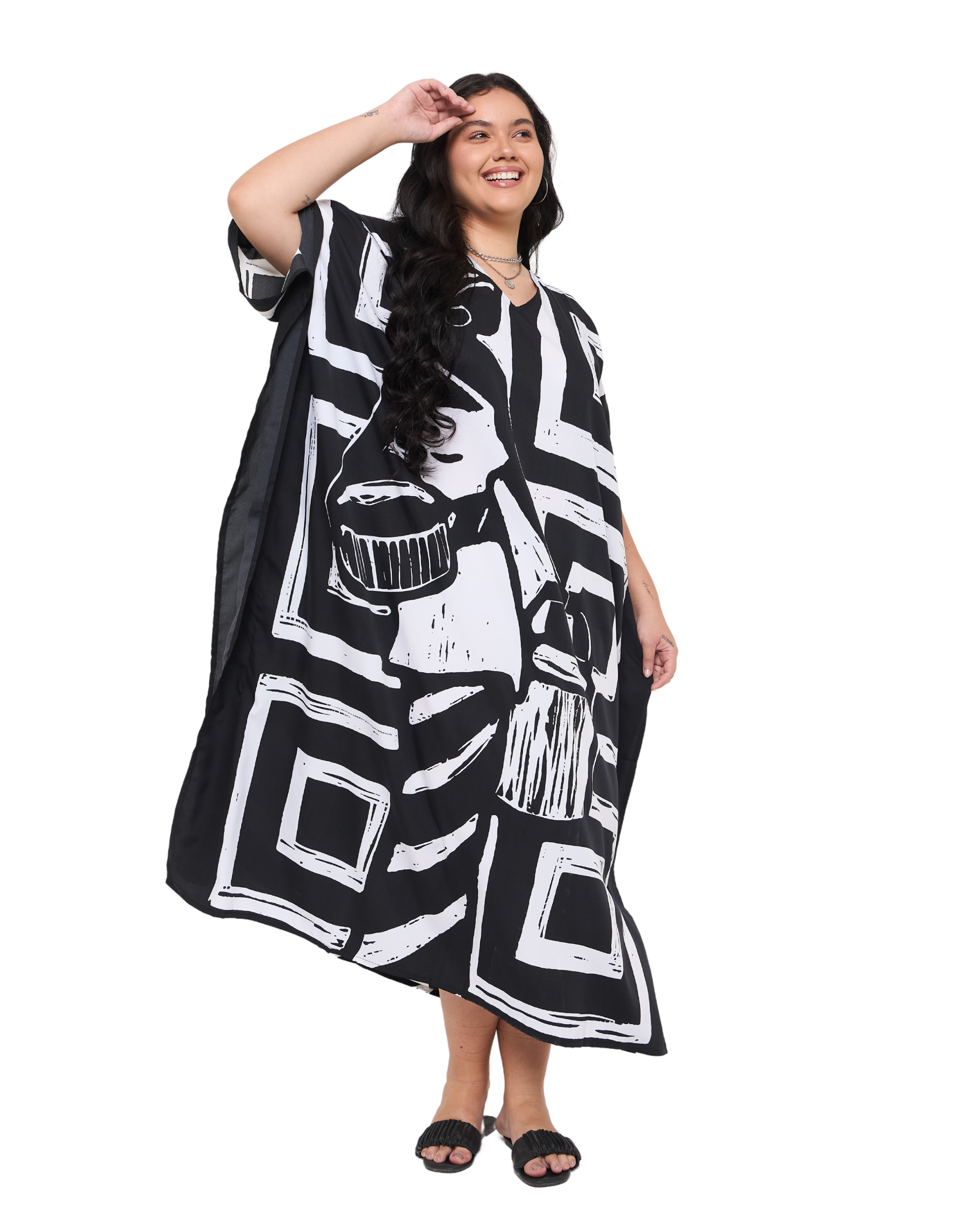 Geometric Black Polyester Maxi Length Plus Size Kaftan Dress
