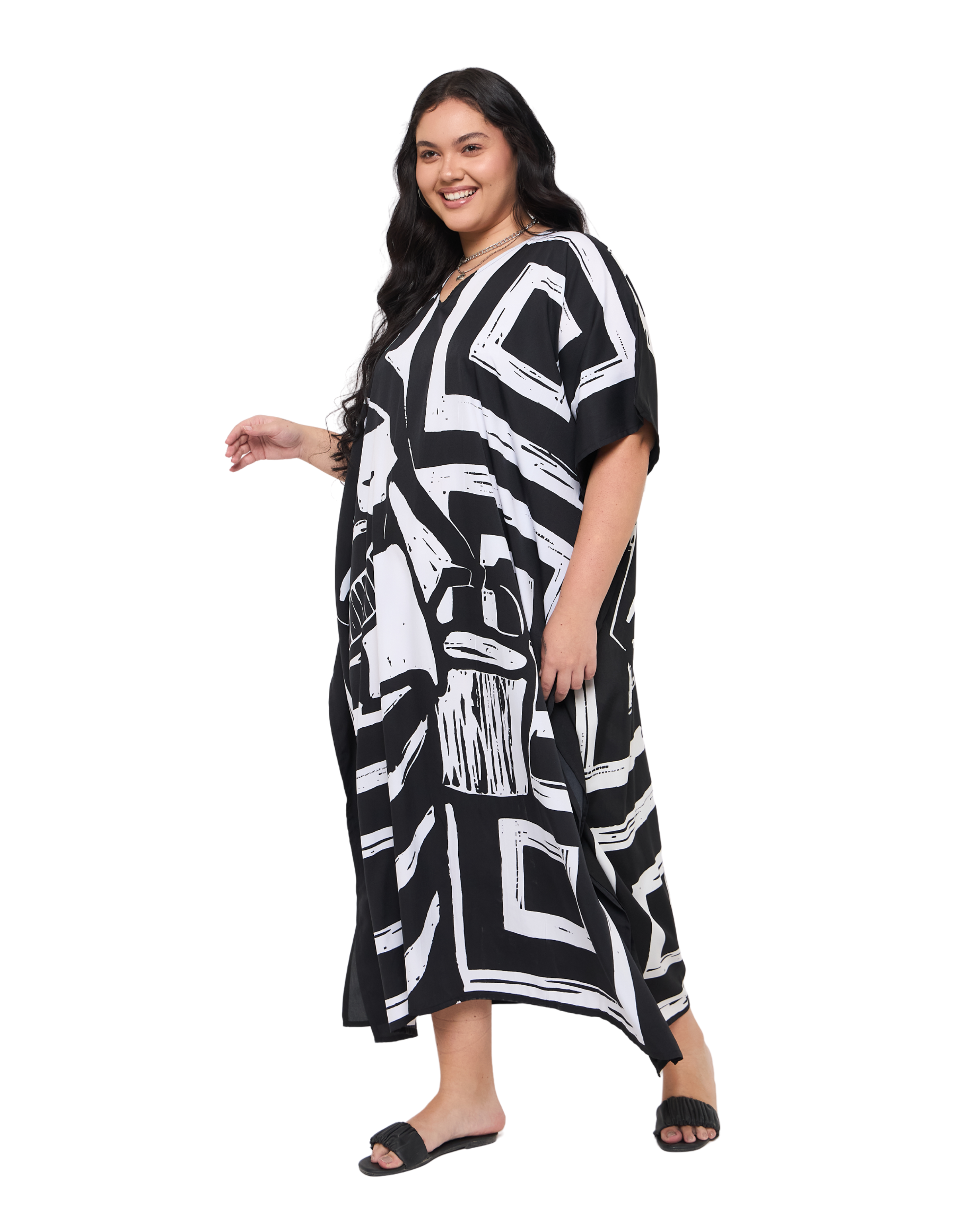 Geometric Black Polyester Maxi Length Plus Size Kaftan Dress