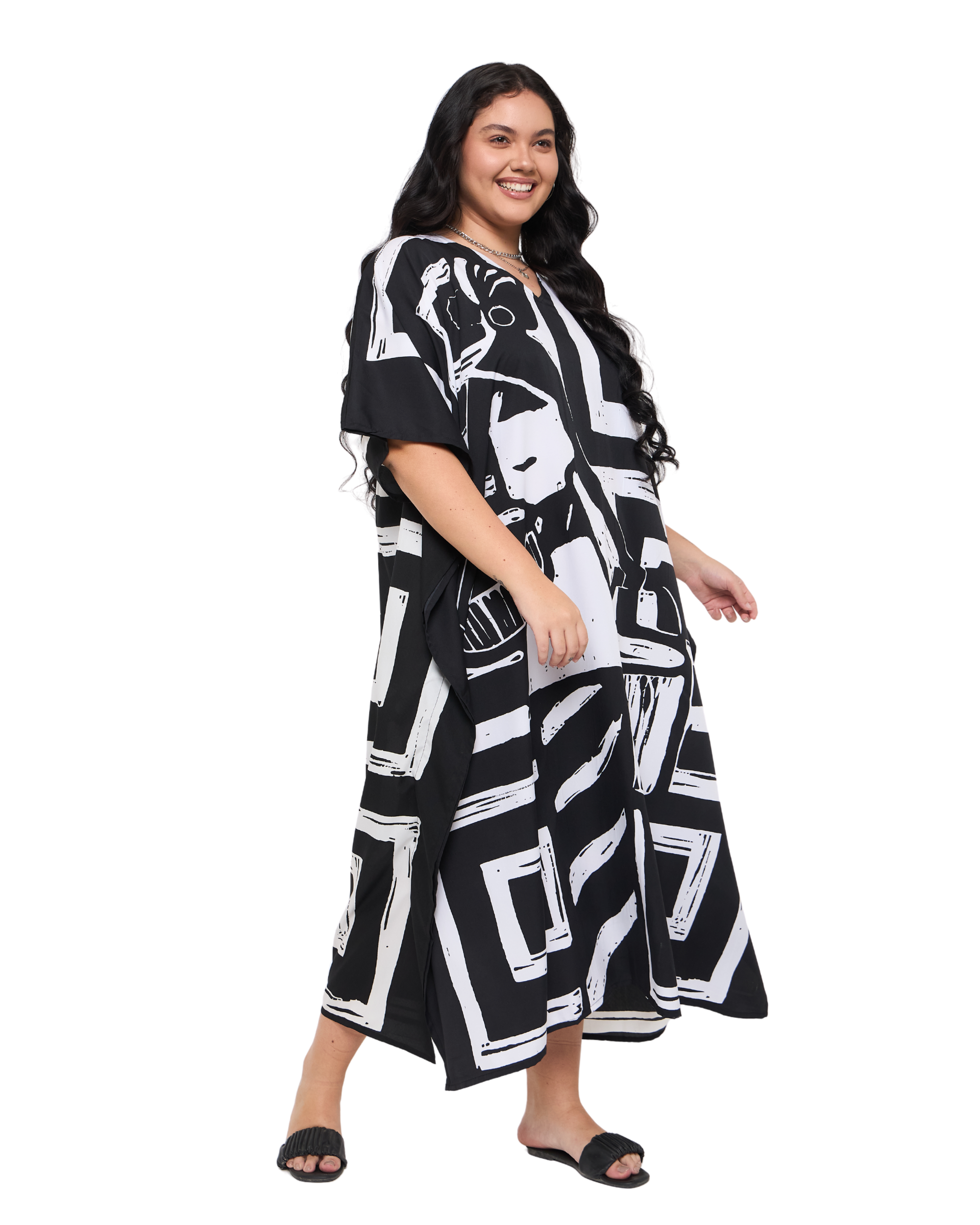 Geometric Black Polyester Maxi Length Plus Size Kaftan Dress