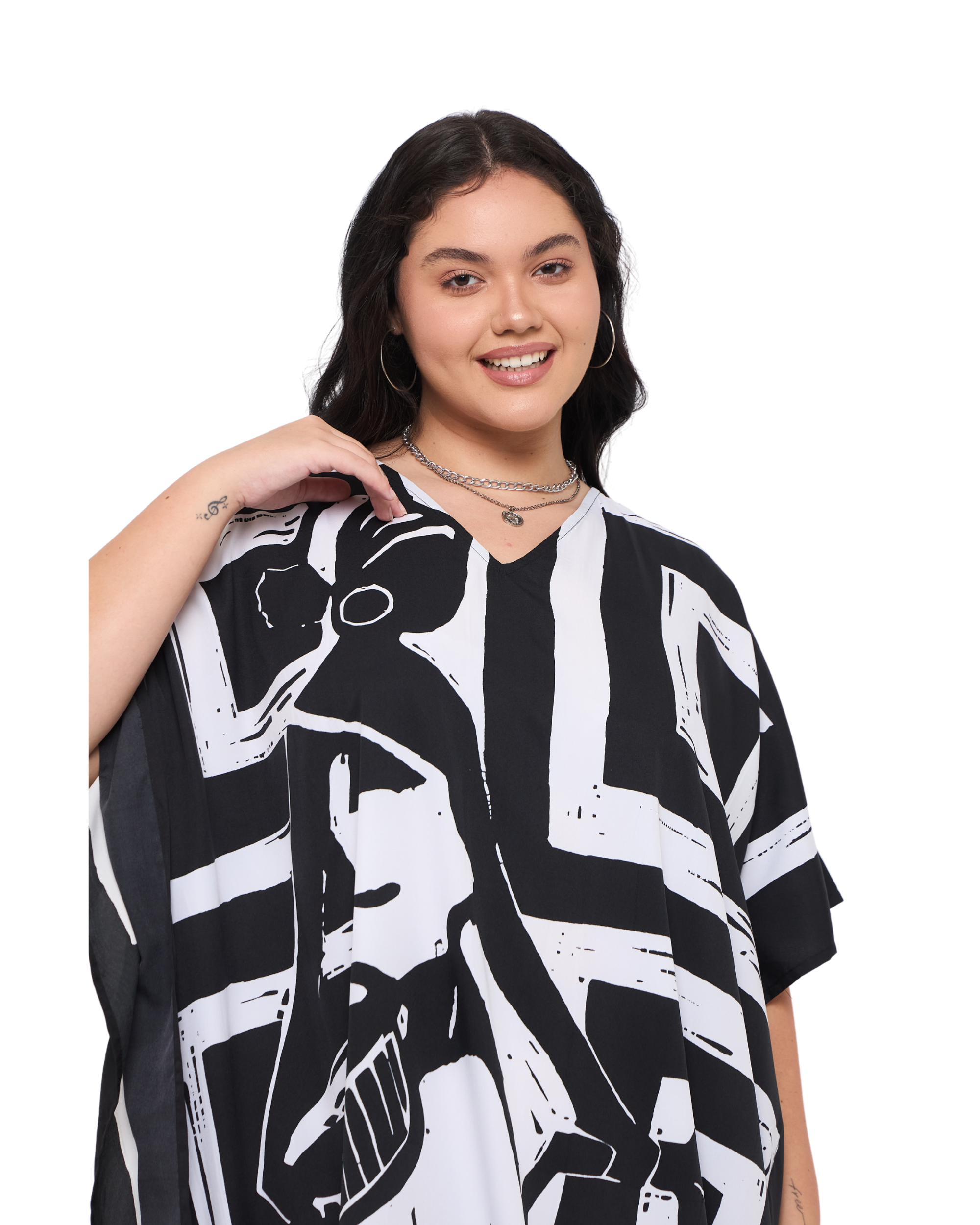 Geometric Black Polyester Maxi Length Plus Size Kaftan Dress