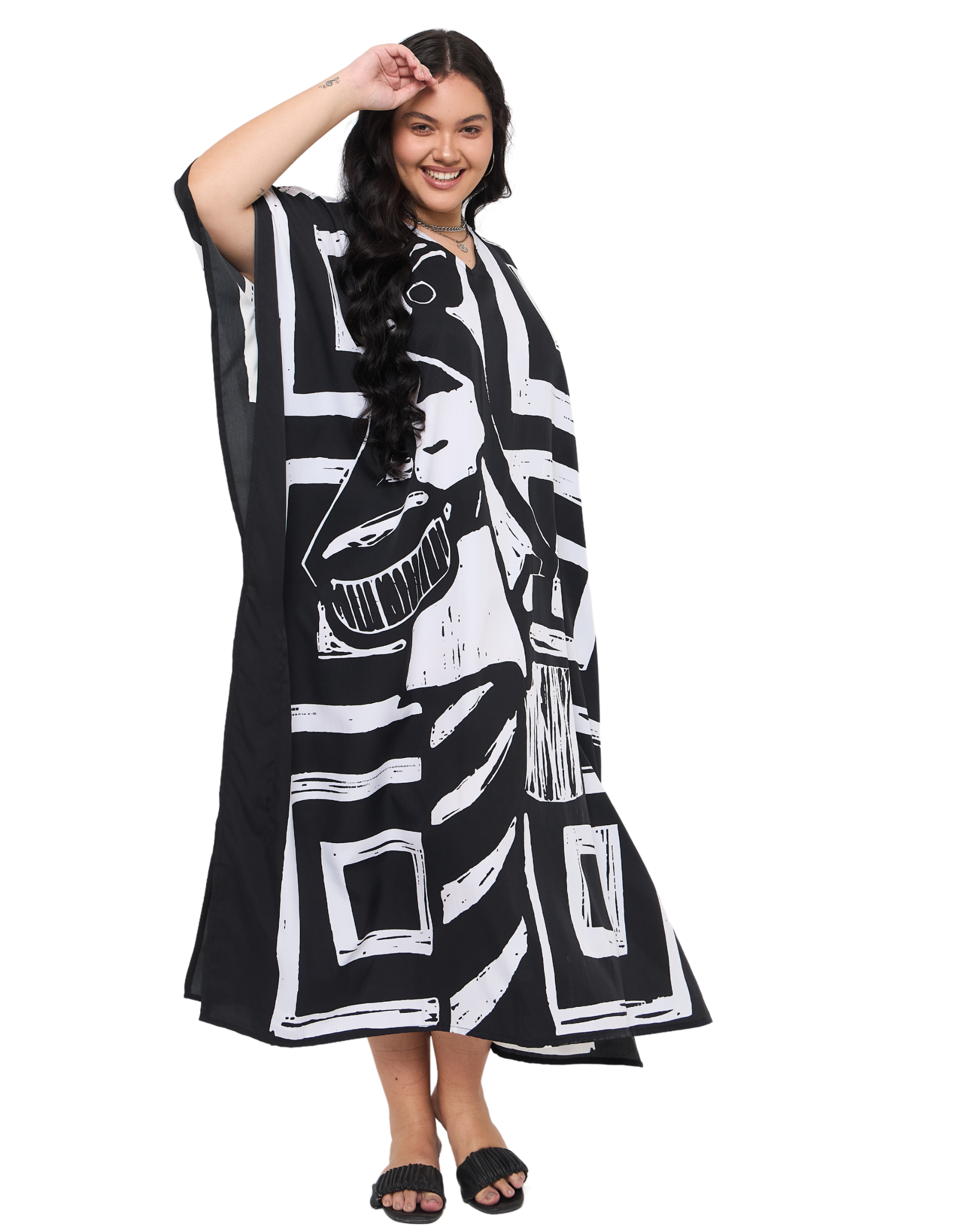Geometric Black Polyester Maxi Length Plus Size Kaftan Dress