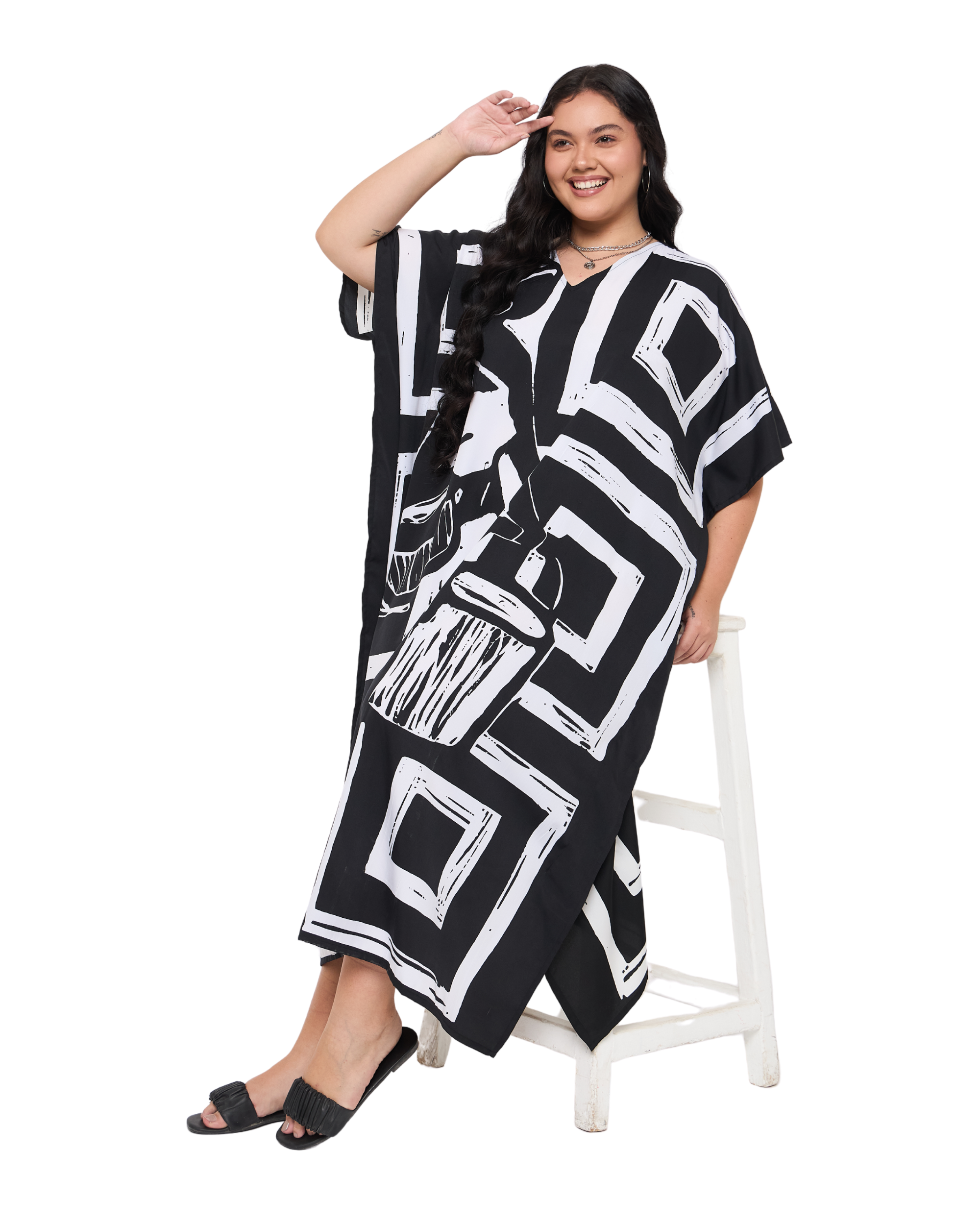 Geometric Black Polyester Maxi Length Plus Size Kaftan Dress