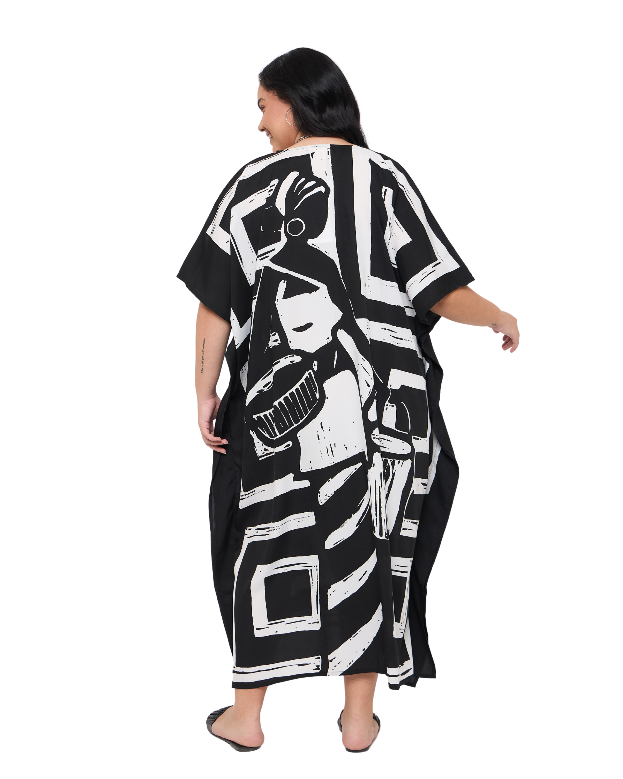 Geometric Black Polyester Maxi Length Plus Size Kaftan Dress