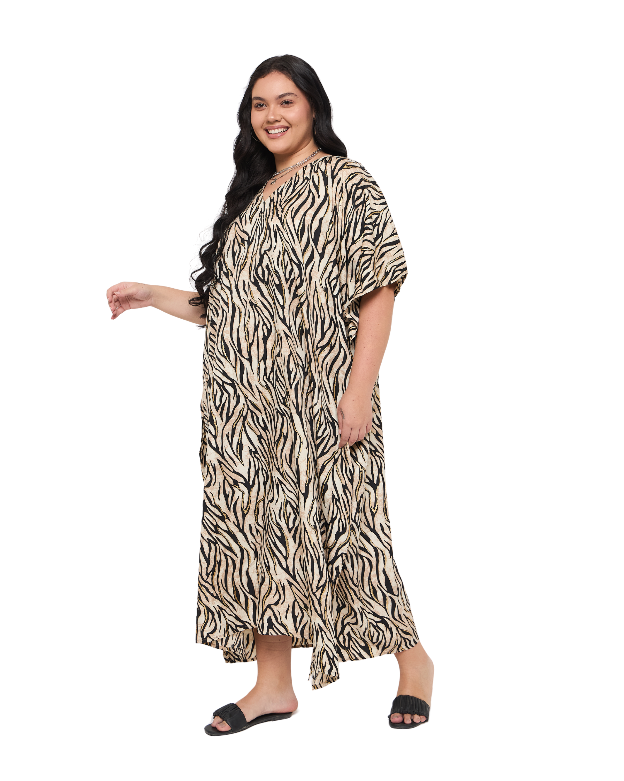 Animal Print Beige Polyester Women Plus Size Kaftan Dress