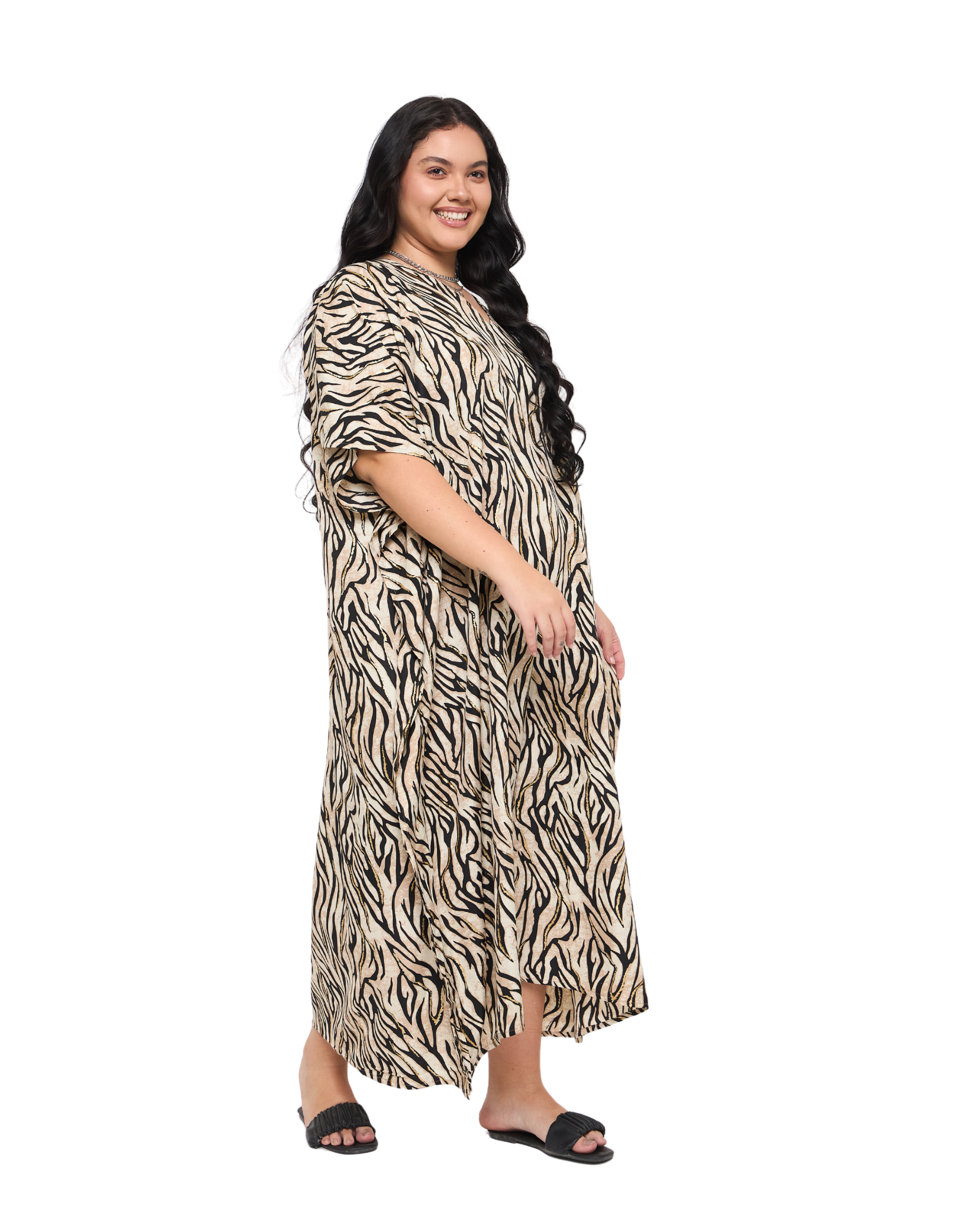 Animal Print Beige Polyester Women Plus Size Kaftan Dress