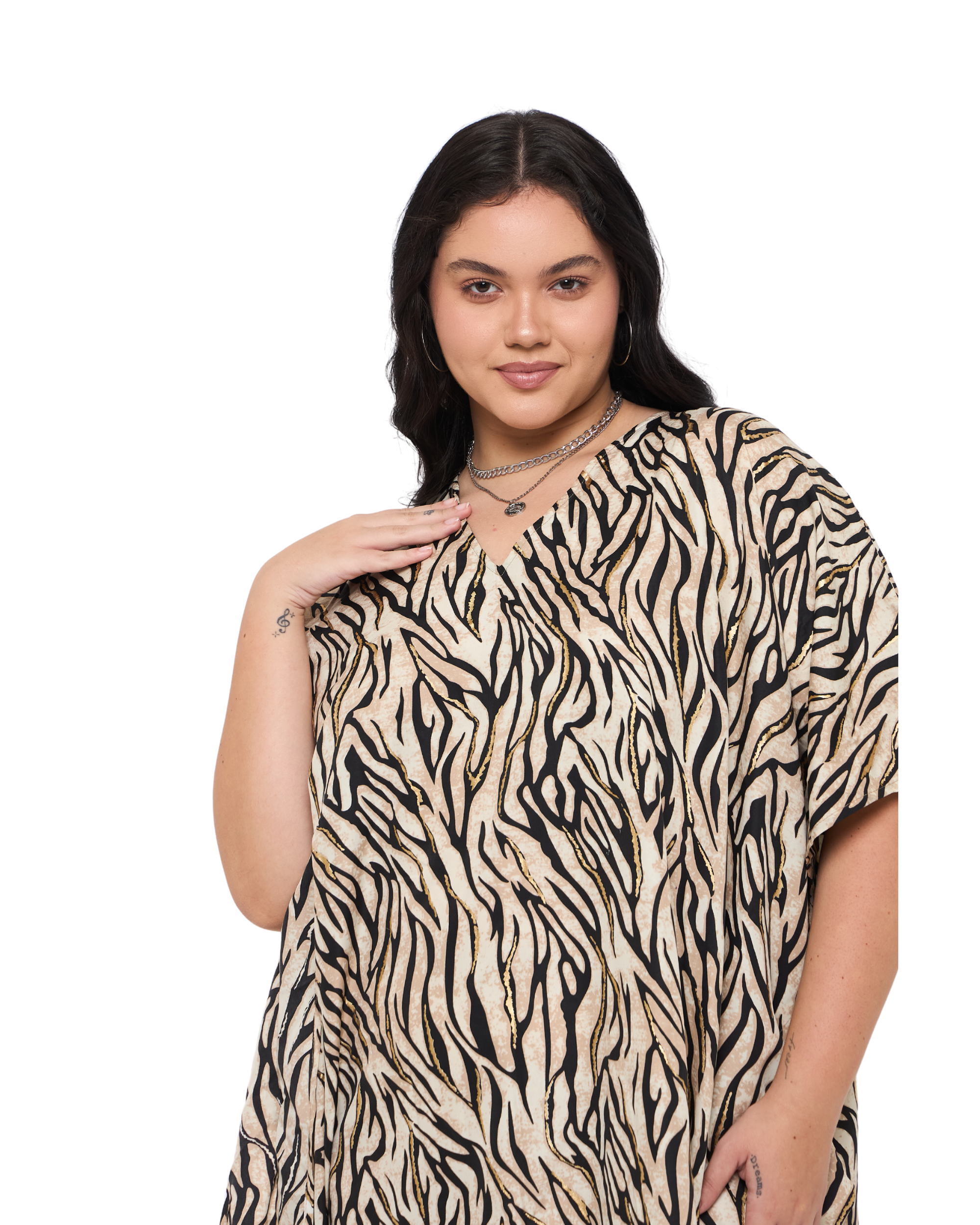 Animal Print Beige Polyester Women Plus Size Kaftan Dress