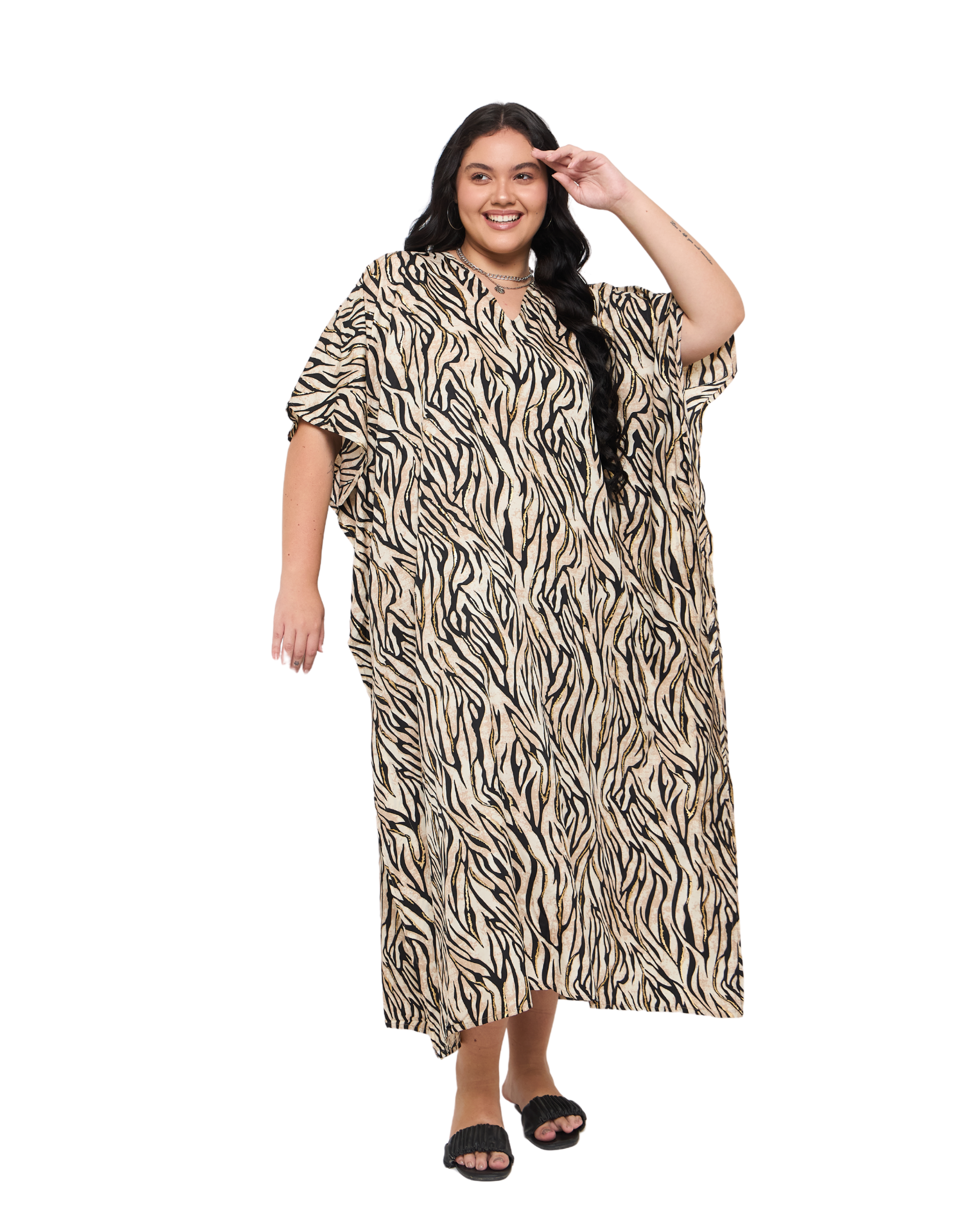 Animal Print Beige Polyester Women Plus Size Kaftan Dress
