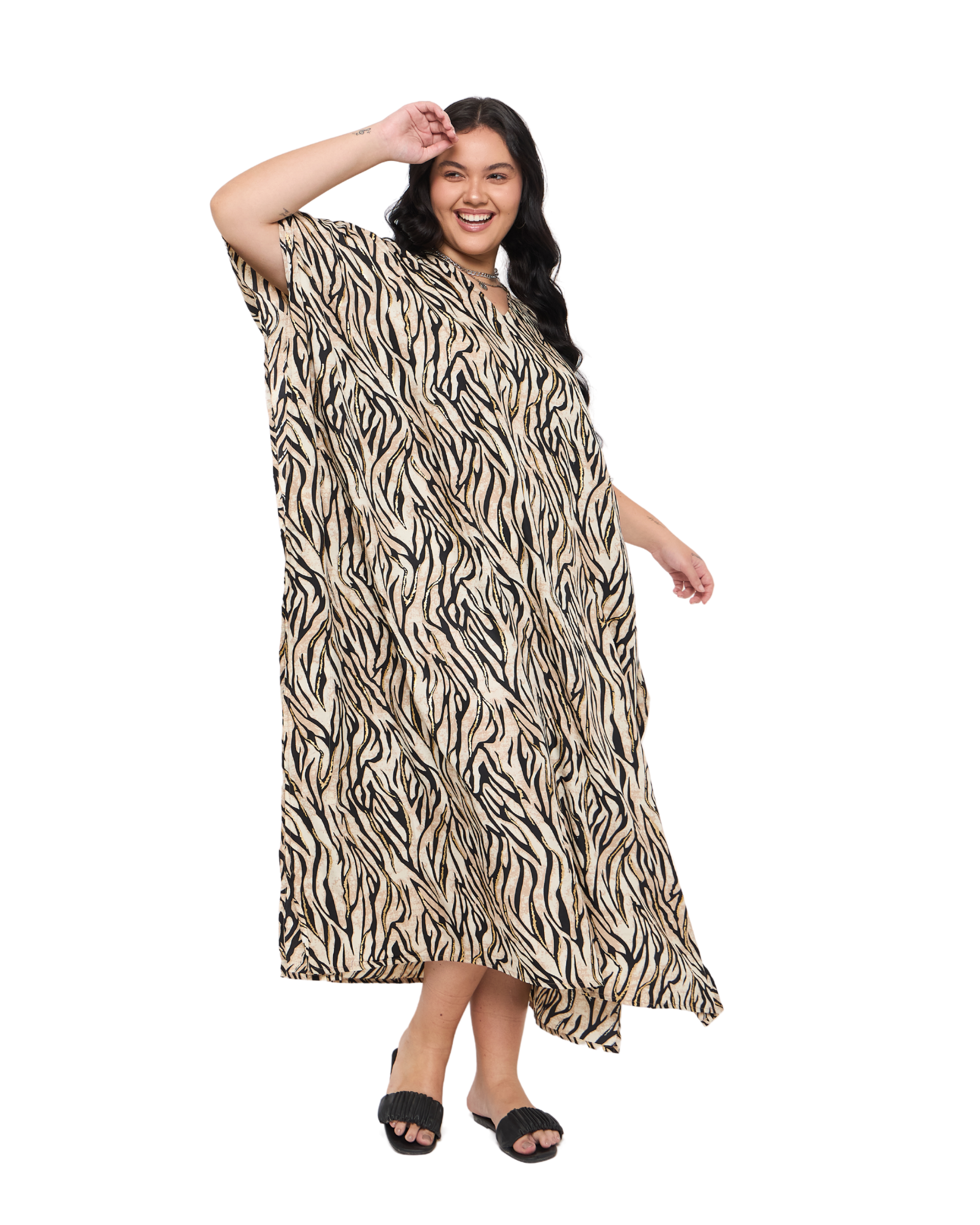 Animal Print Beige Polyester Women Plus Size Kaftan Dress