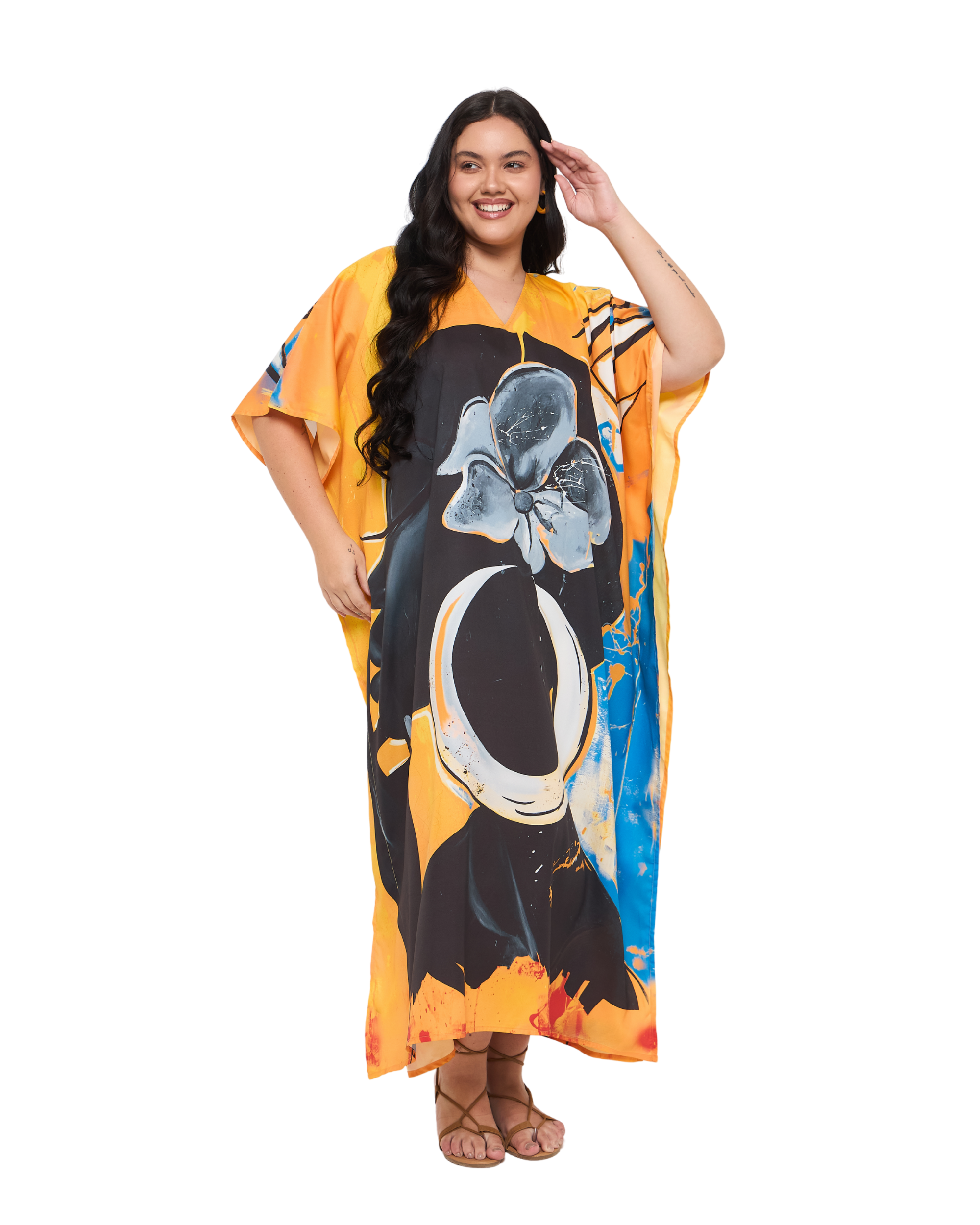 Lady Print Orange Polyester Women Plus Size Kimono Style Kaftan Dress
