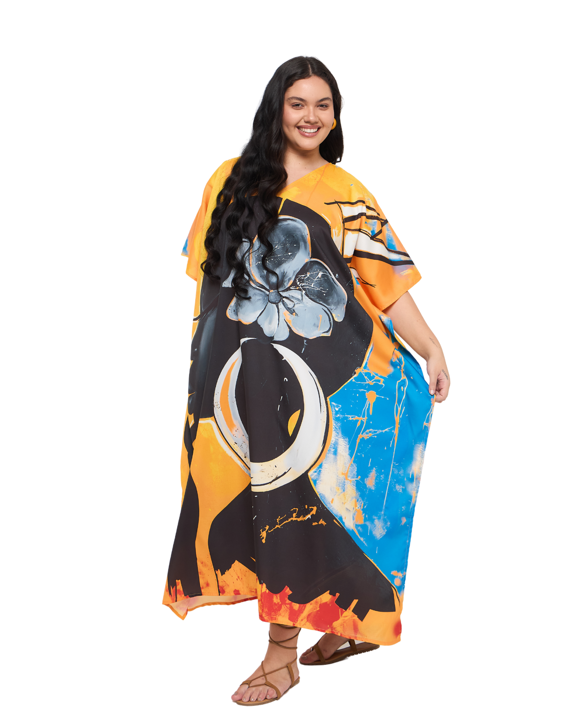 Lady Print Orange Polyester Women Plus Size Kimono Style Kaftan Dress