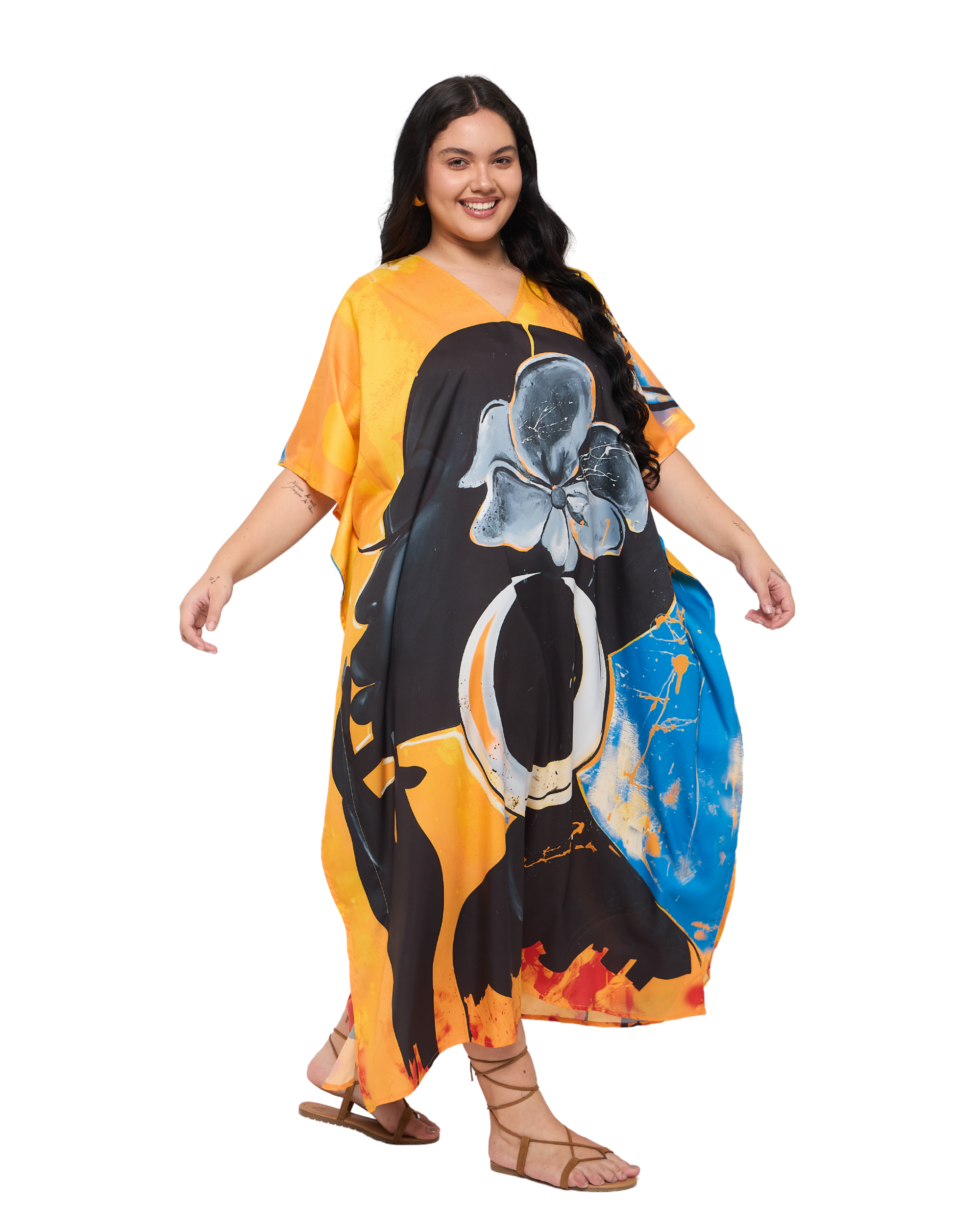Lady Print Orange Polyester Women Plus Size Kimono Style Kaftan Dress