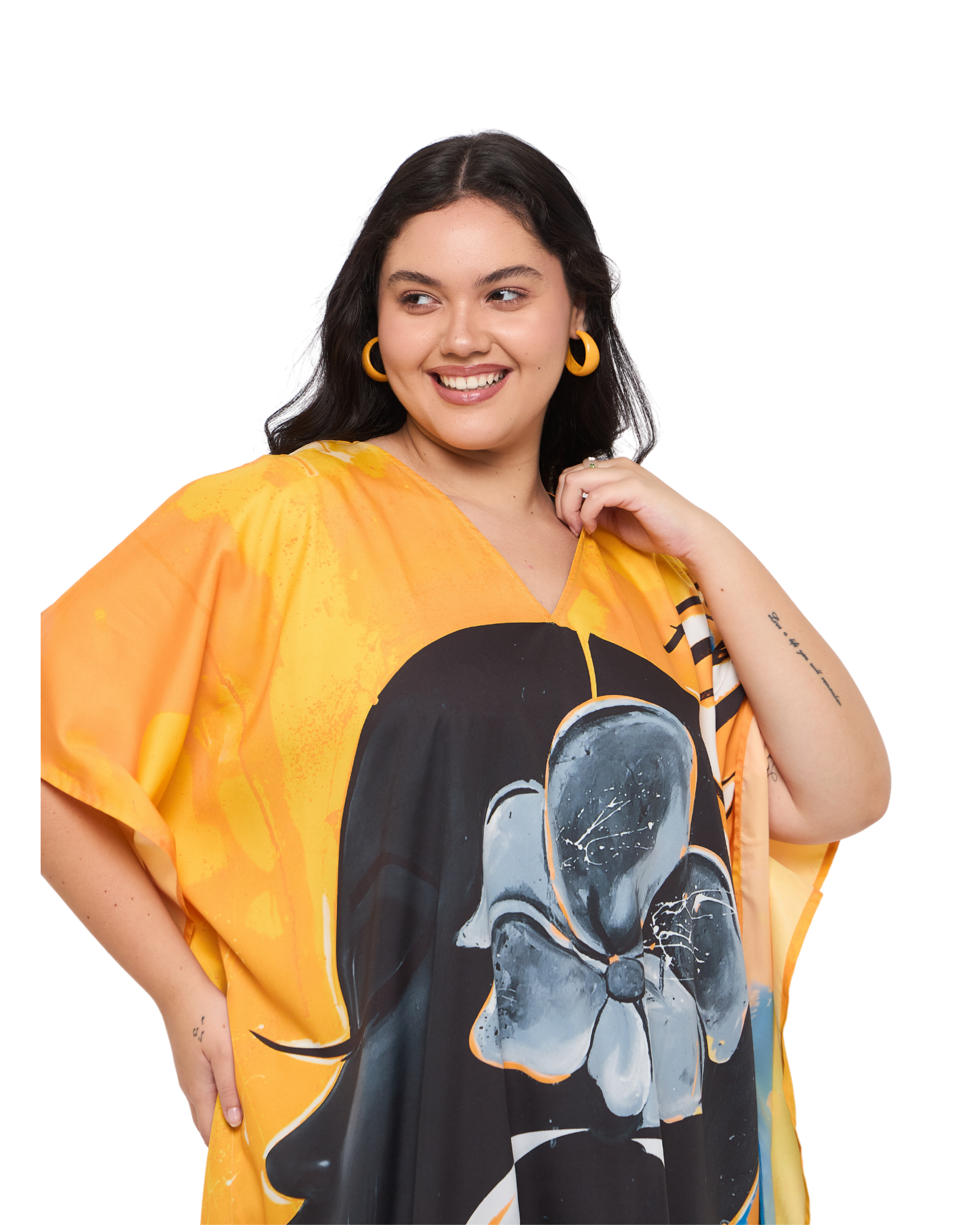 Lady Print Orange Polyester Women Plus Size Kimono Style Kaftan Dress