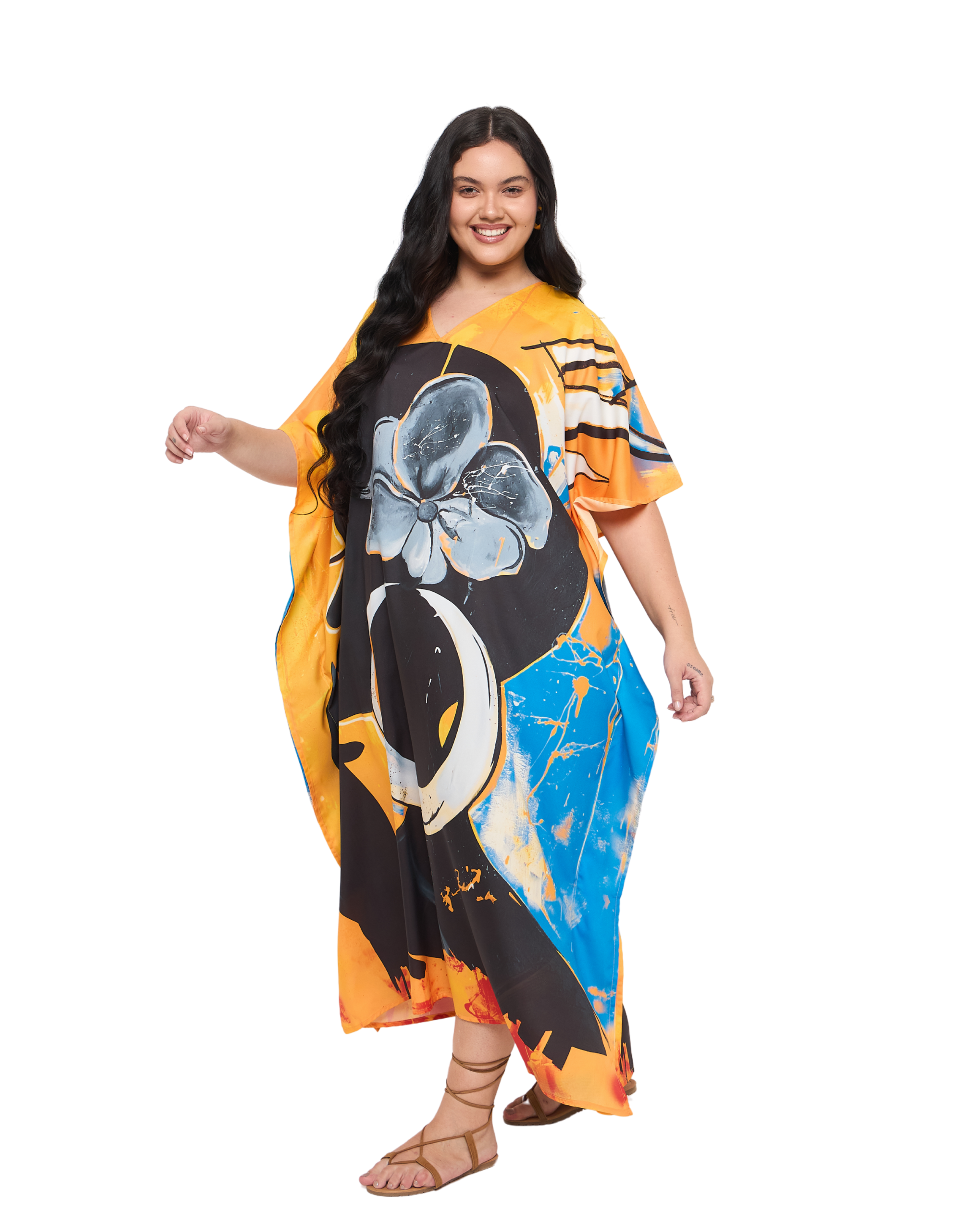 Lady Print Orange Polyester Women Plus Size Kimono Style Kaftan Dress