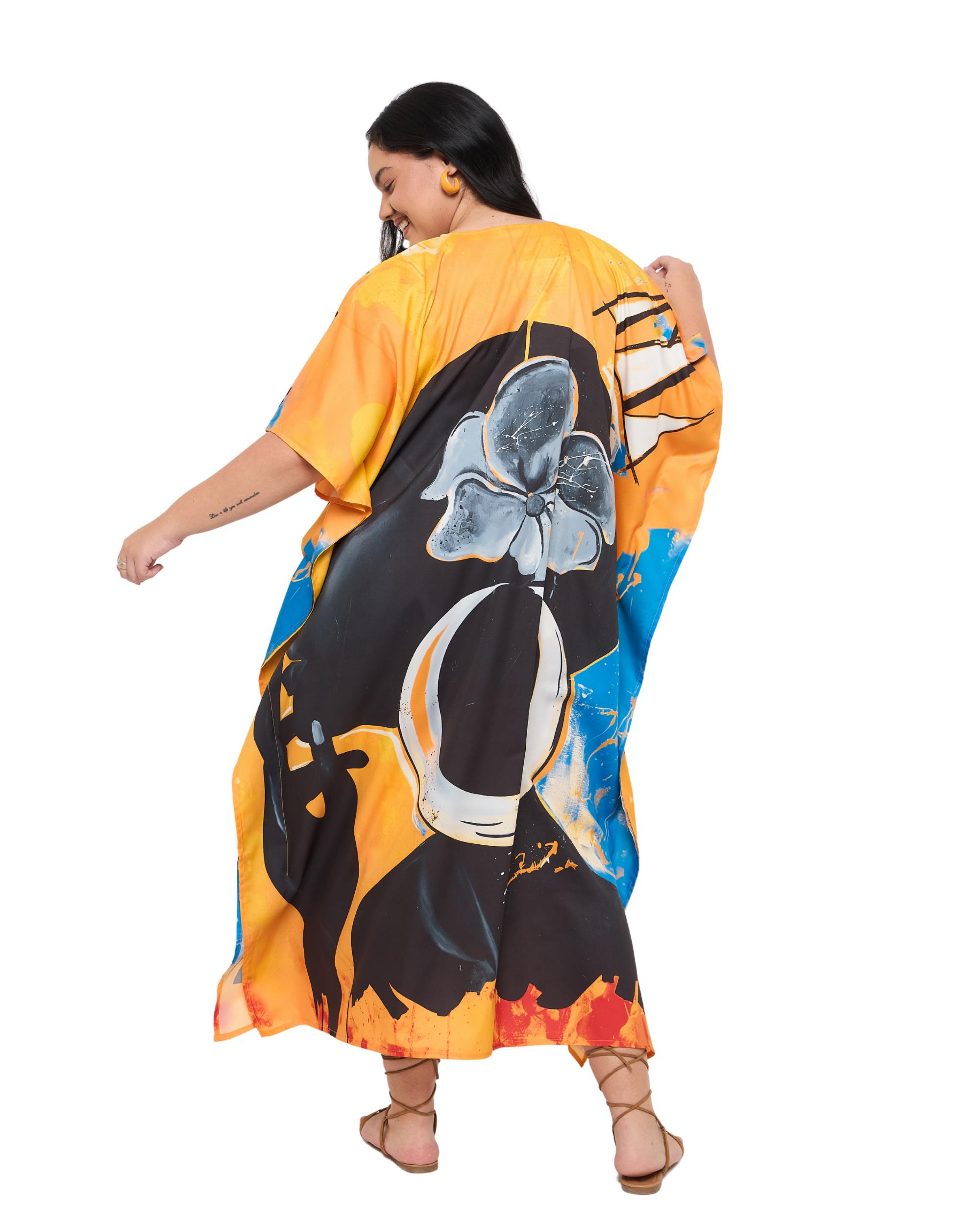 Lady Print Orange Polyester Women Plus Size Kimono Style Kaftan Dress