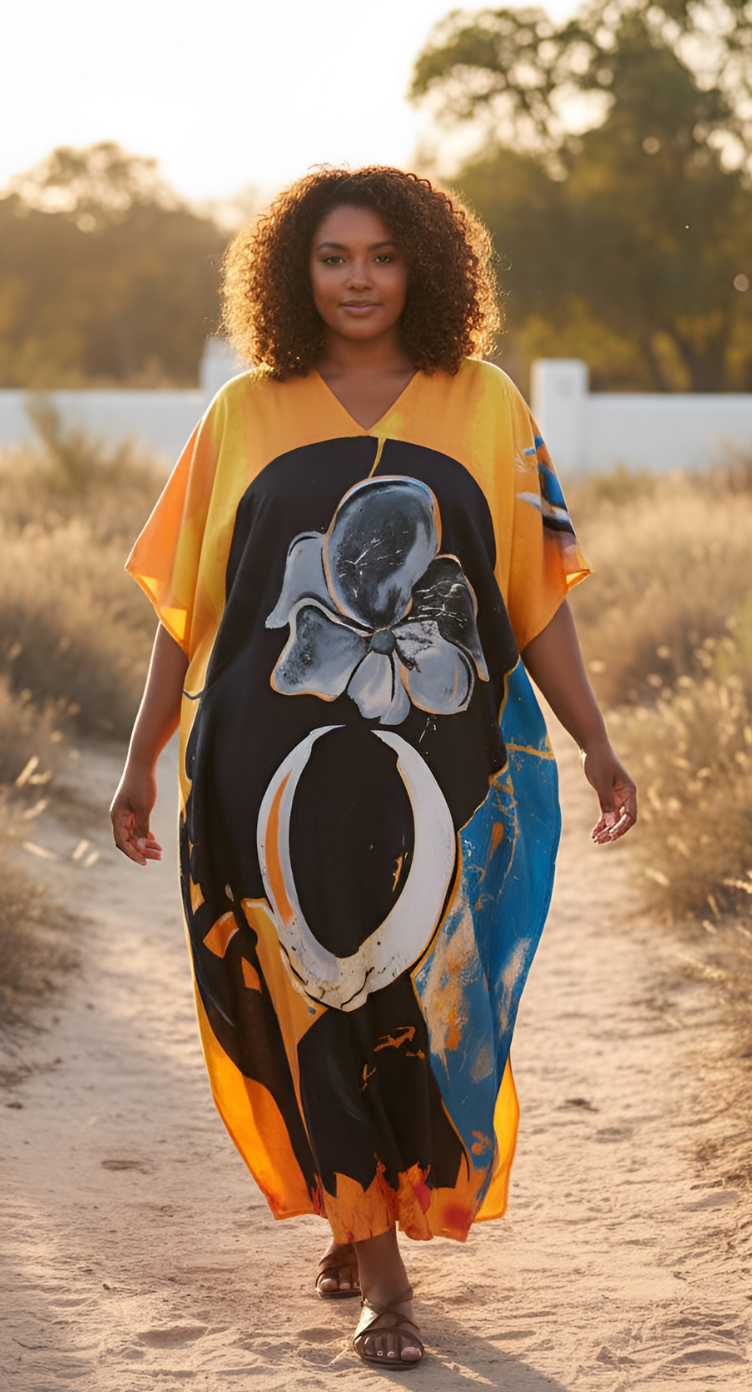 Lady Print Orange Polyester Women Plus Size Kimono Style Kaftan Dress