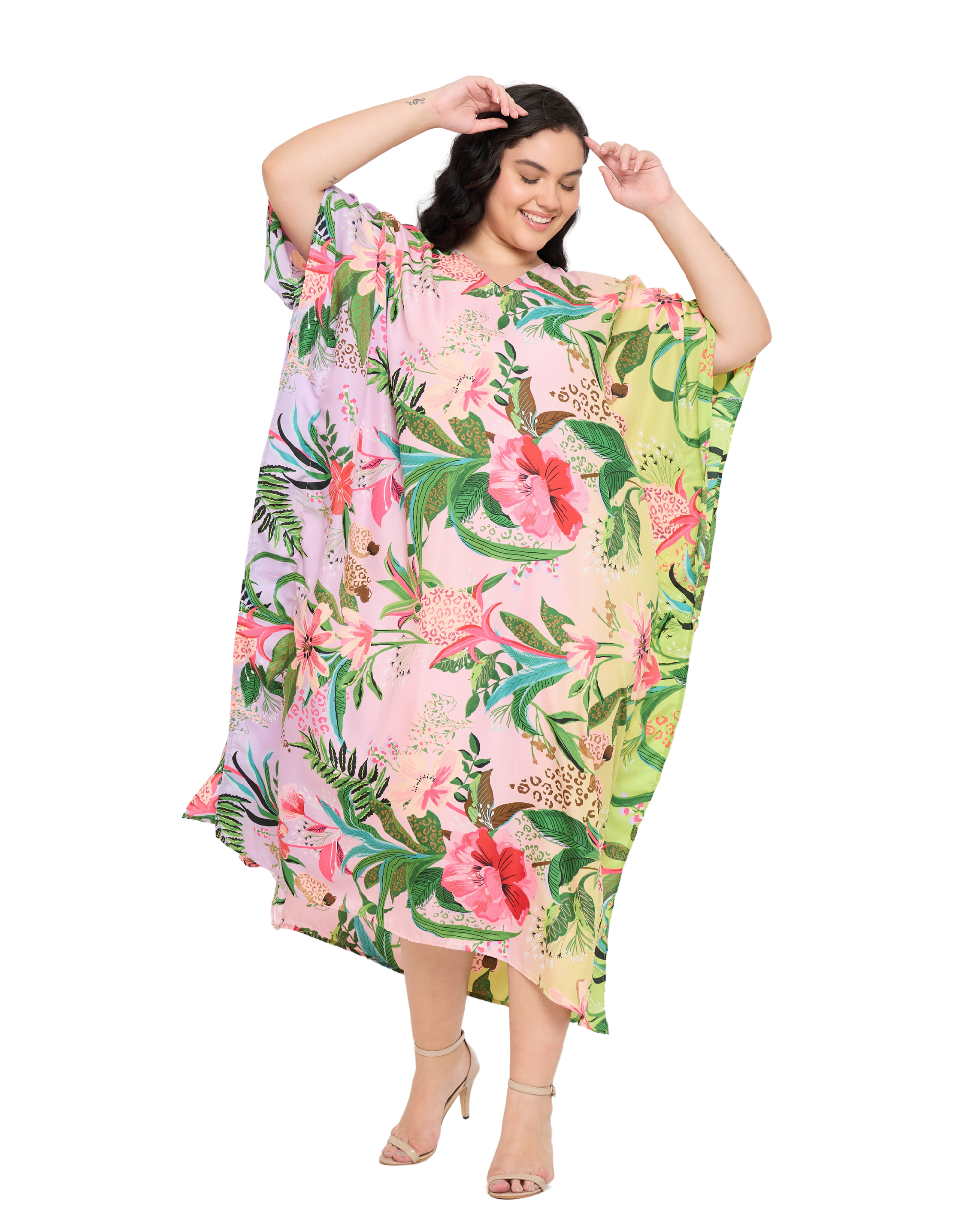 Floral Polyester Light Pink Holiday Kaftan Dress for Women