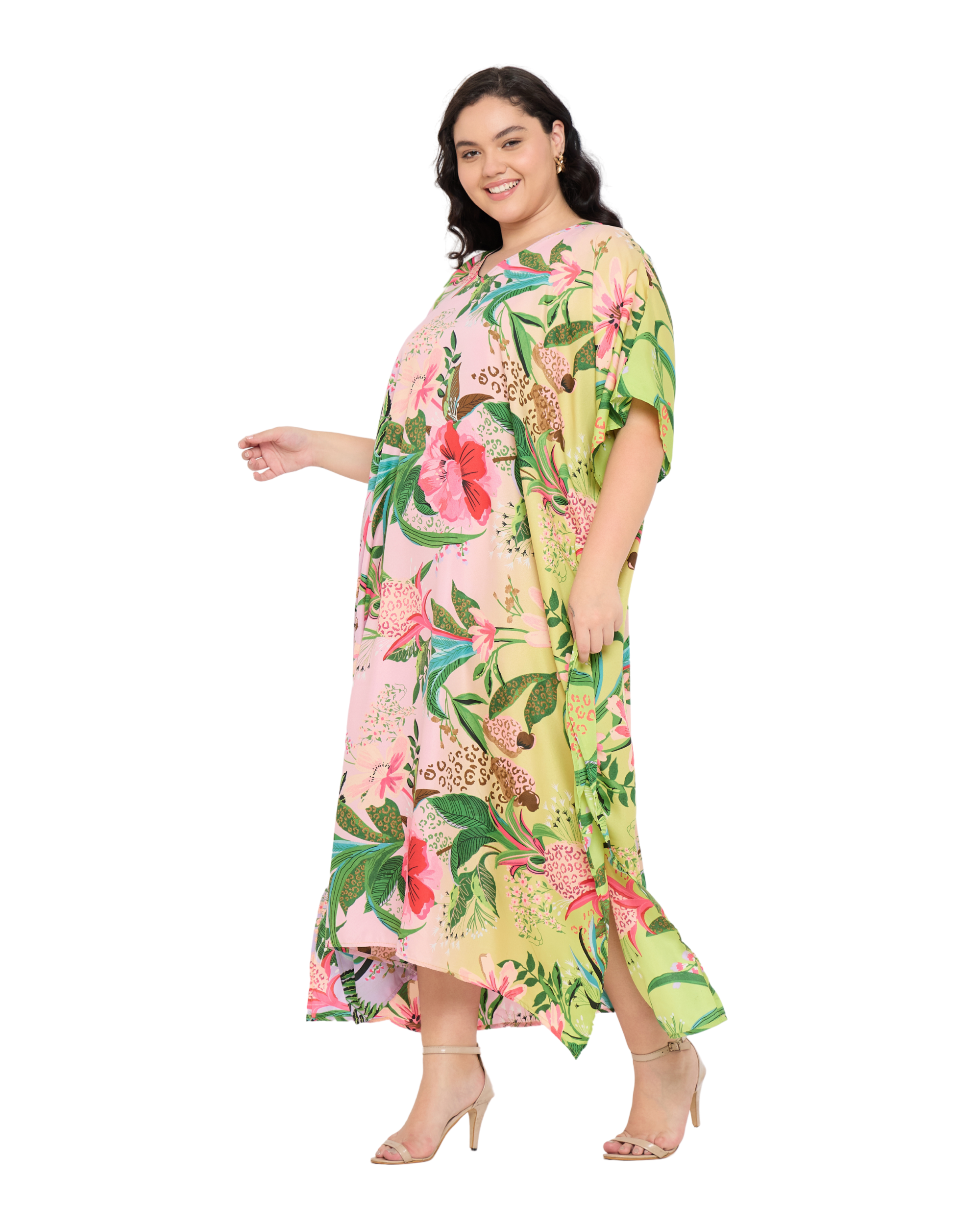 Floral Polyester Light Pink Holiday Kaftan Dress for Women