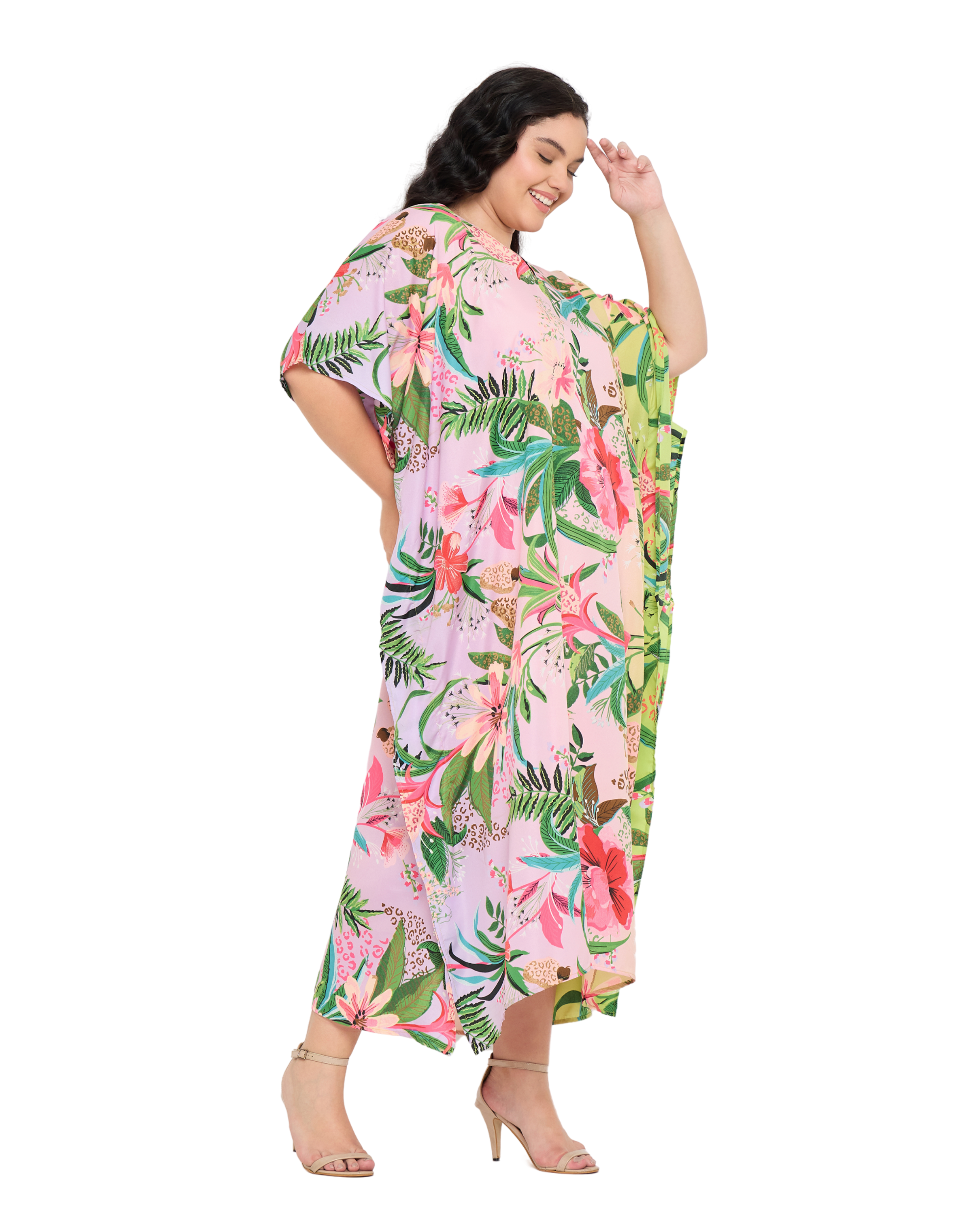 Floral Polyester Light Pink Holiday Kaftan Dress for Women