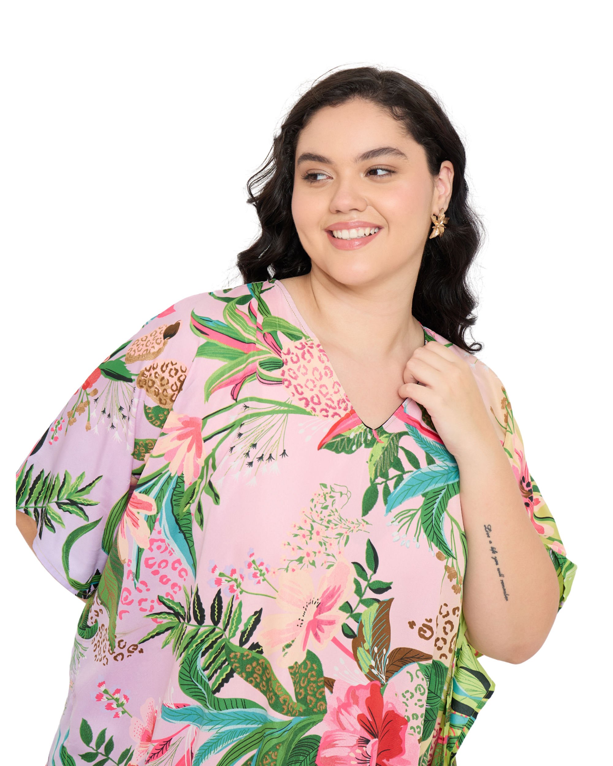 Floral Polyester Light Pink Holiday Kaftan Dress for Women