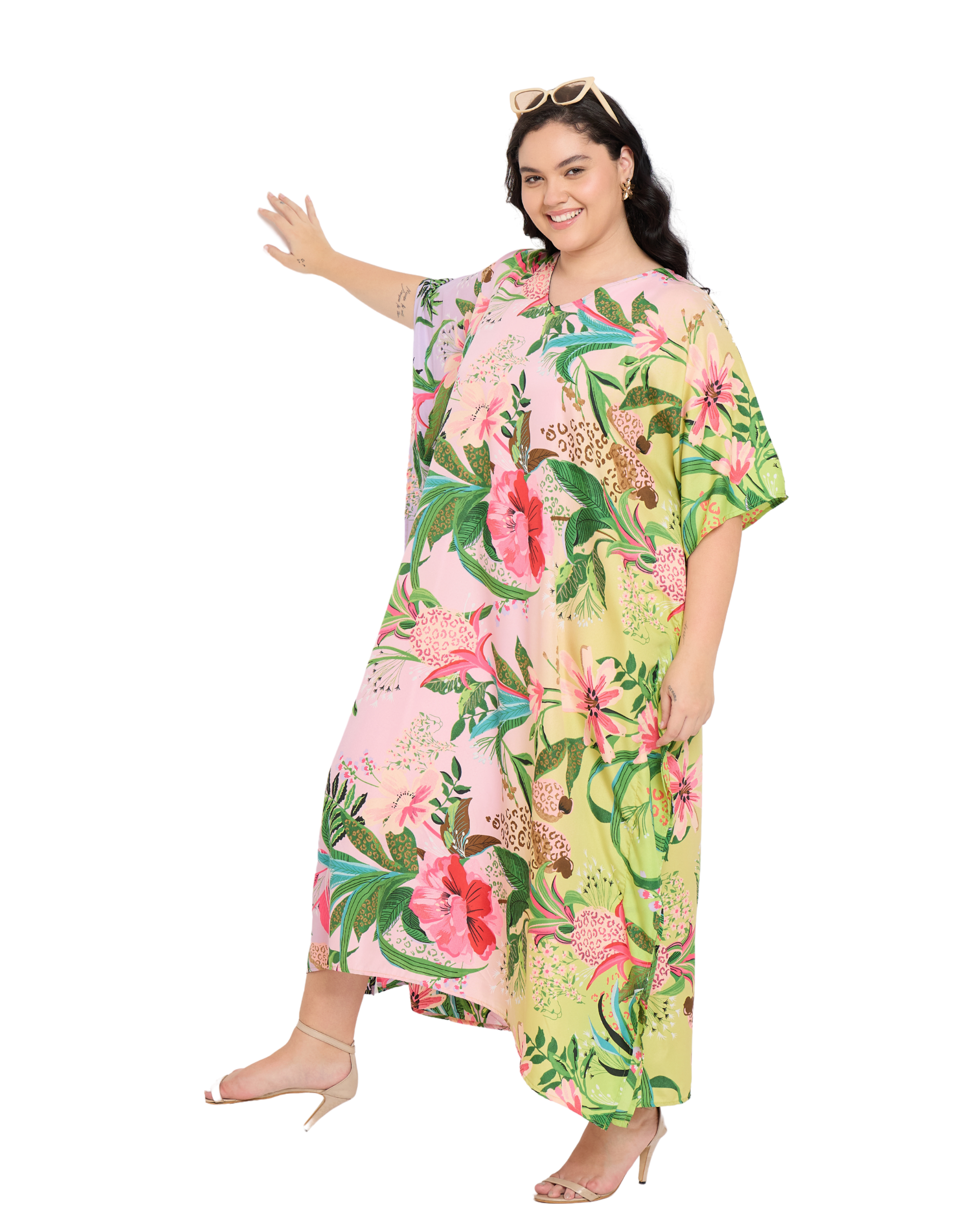 Floral Polyester Light Pink Holiday Kaftan Dress for Women