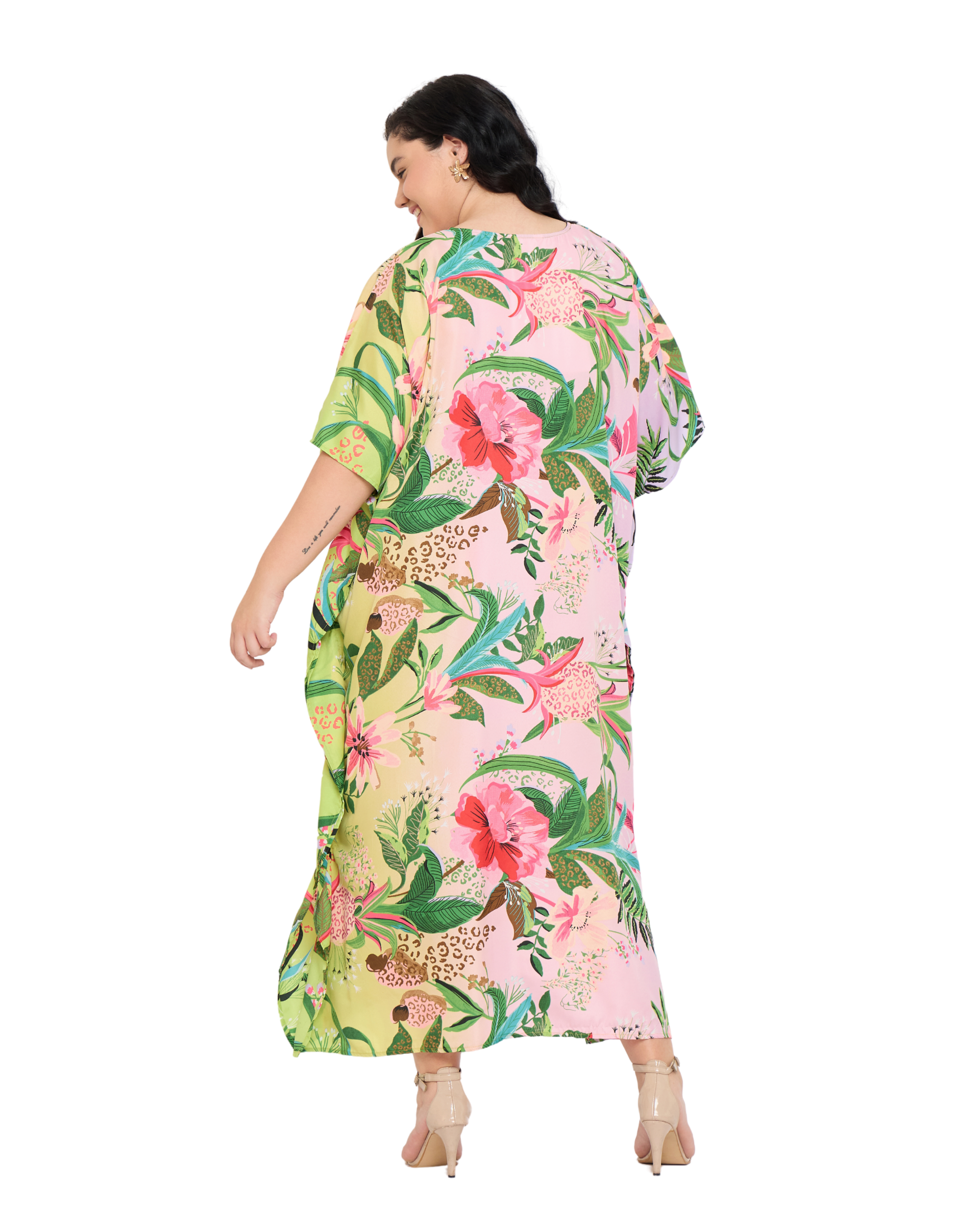 Floral Polyester Light Pink Holiday Kaftan Dress for Women