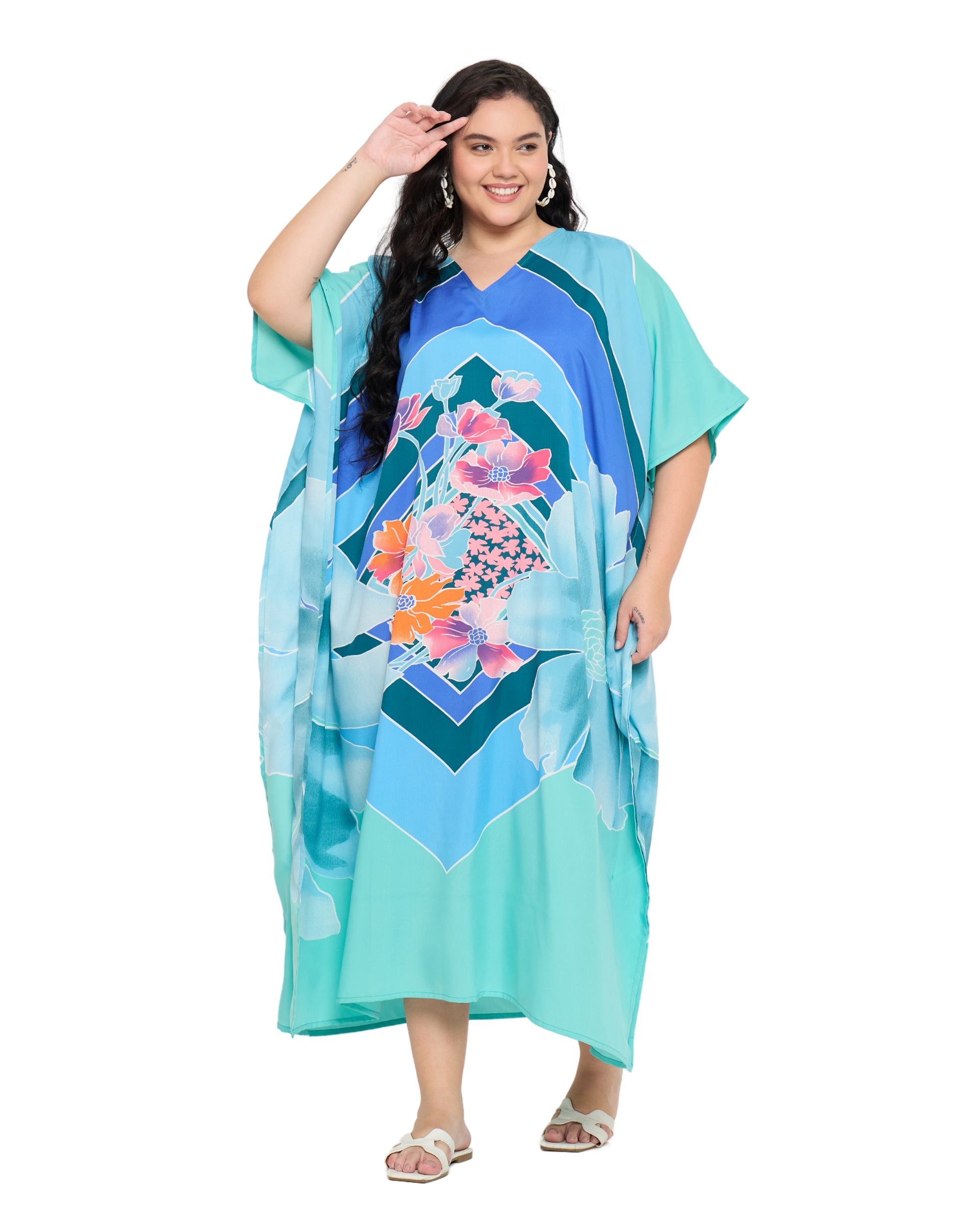 Light Teal Floral Polyester Plus Size Caftan Dress for Women