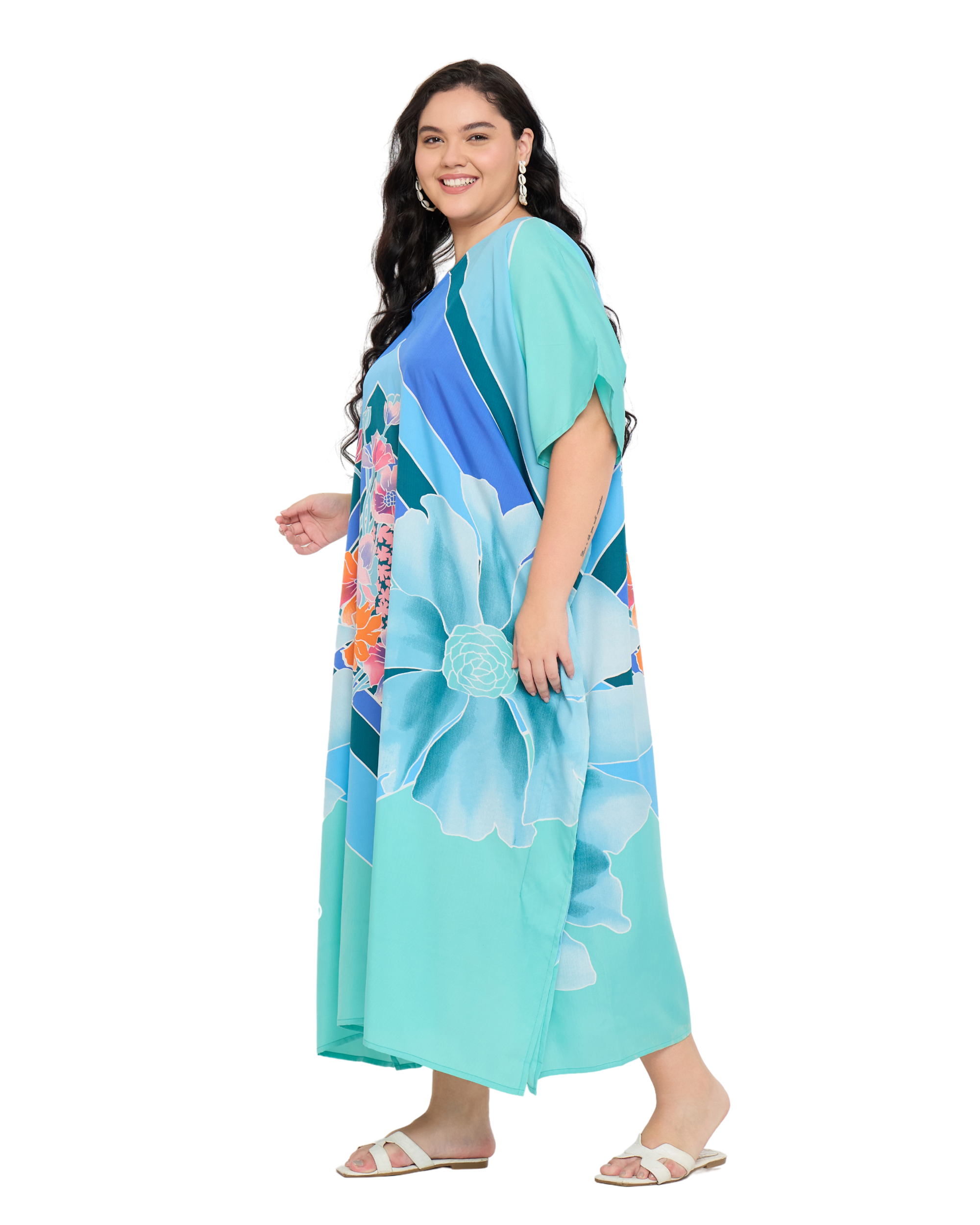 Light Teal Floral Polyester Plus Size Caftan Dress for Women