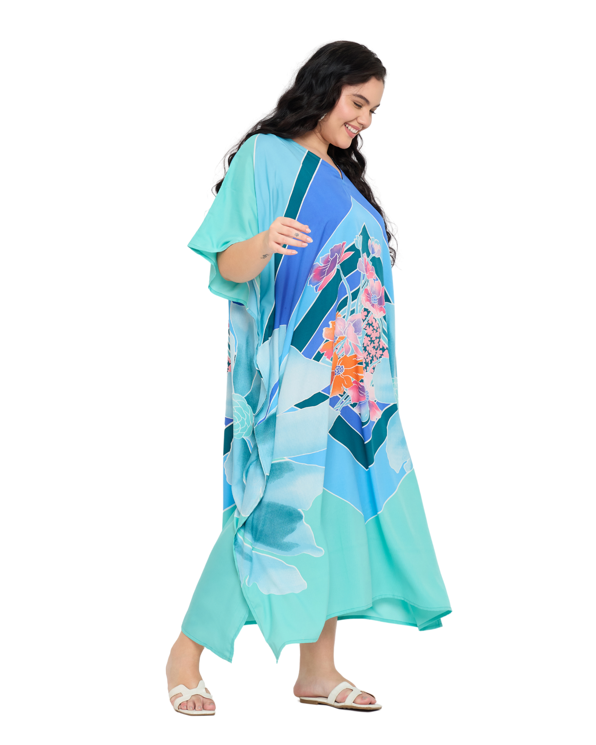 Light Teal Floral Polyester Plus Size Caftan Dress for Women
